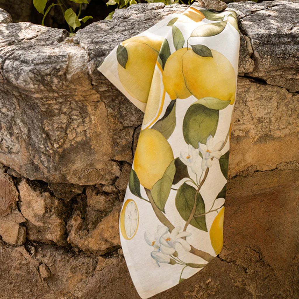 My Italian Decor Amalfi Lemons linen kitchen towel featuring bright lemon print, perfect for Italian-inspired kitchen decor.