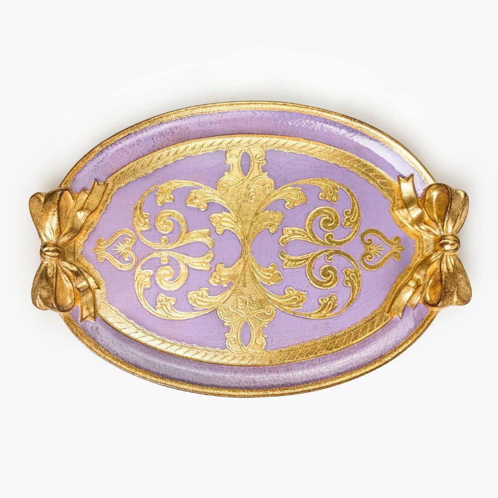 A carved oval, lilac and gold Florentine bow tray, with a bow detail.