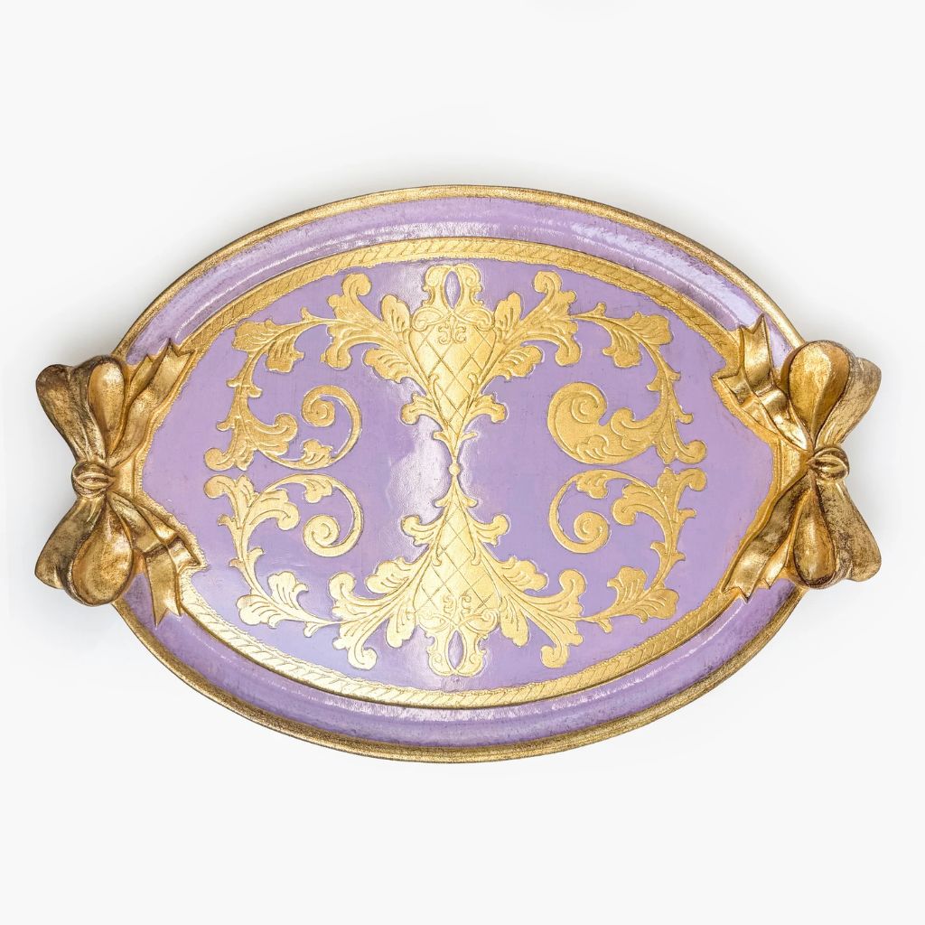 A carved oval, lilac and gold Florentine bow tray, with a bow detail.