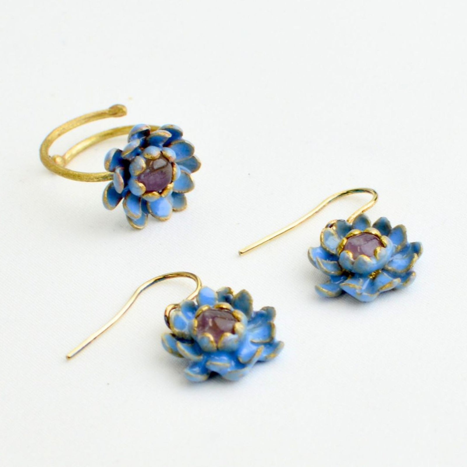 Blue lotus jewelry set featuring earrings and ring from the Giardino Collection by My Italian Decor, made in Sicily.