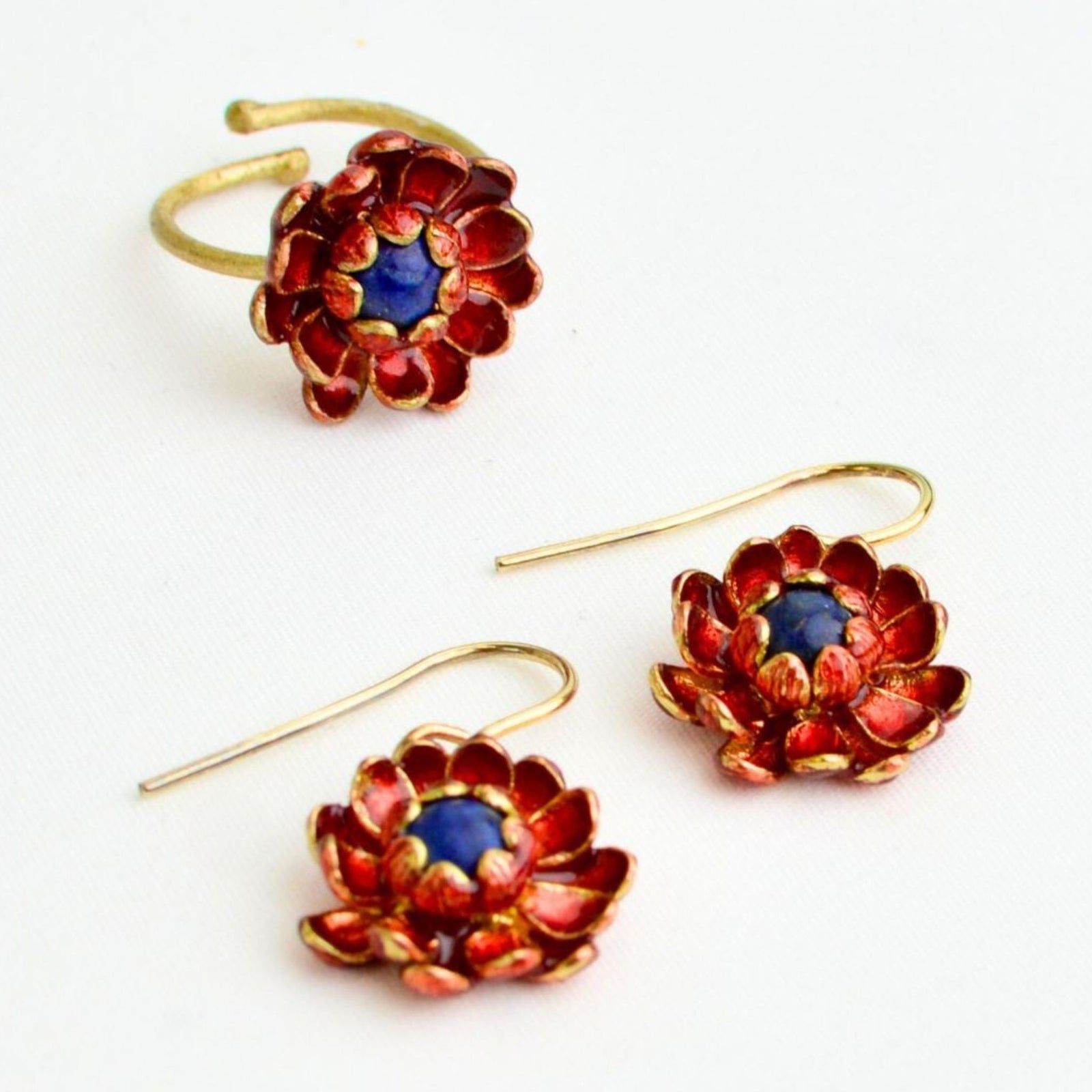 Blue lotus jewelry set featuring earrings and ring from the Giardino Collection by My Italian Decor, made in Sicily.