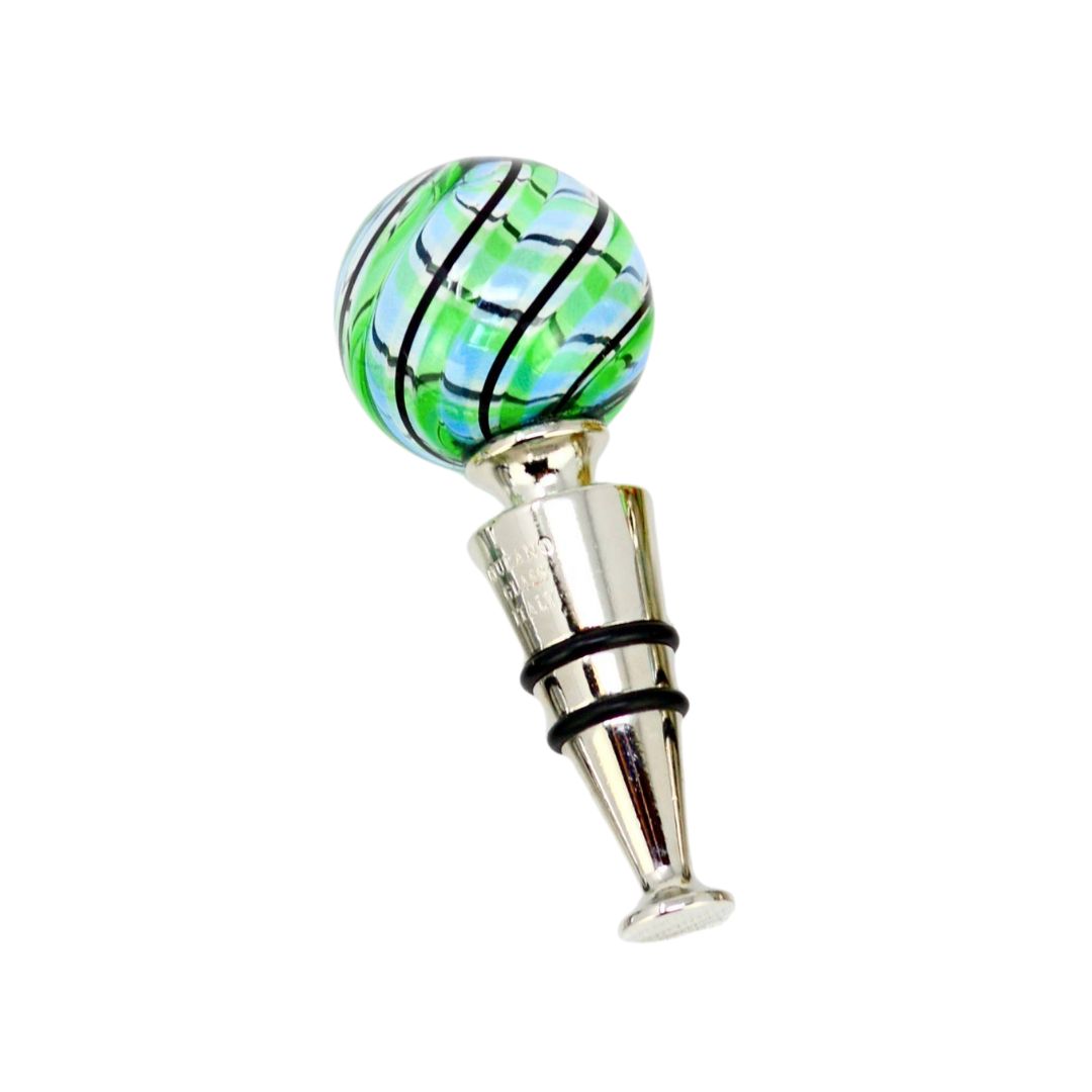 Assorted Murano glass wine stoppers in light blue and green, made in Italy, for sealing wine bottles.