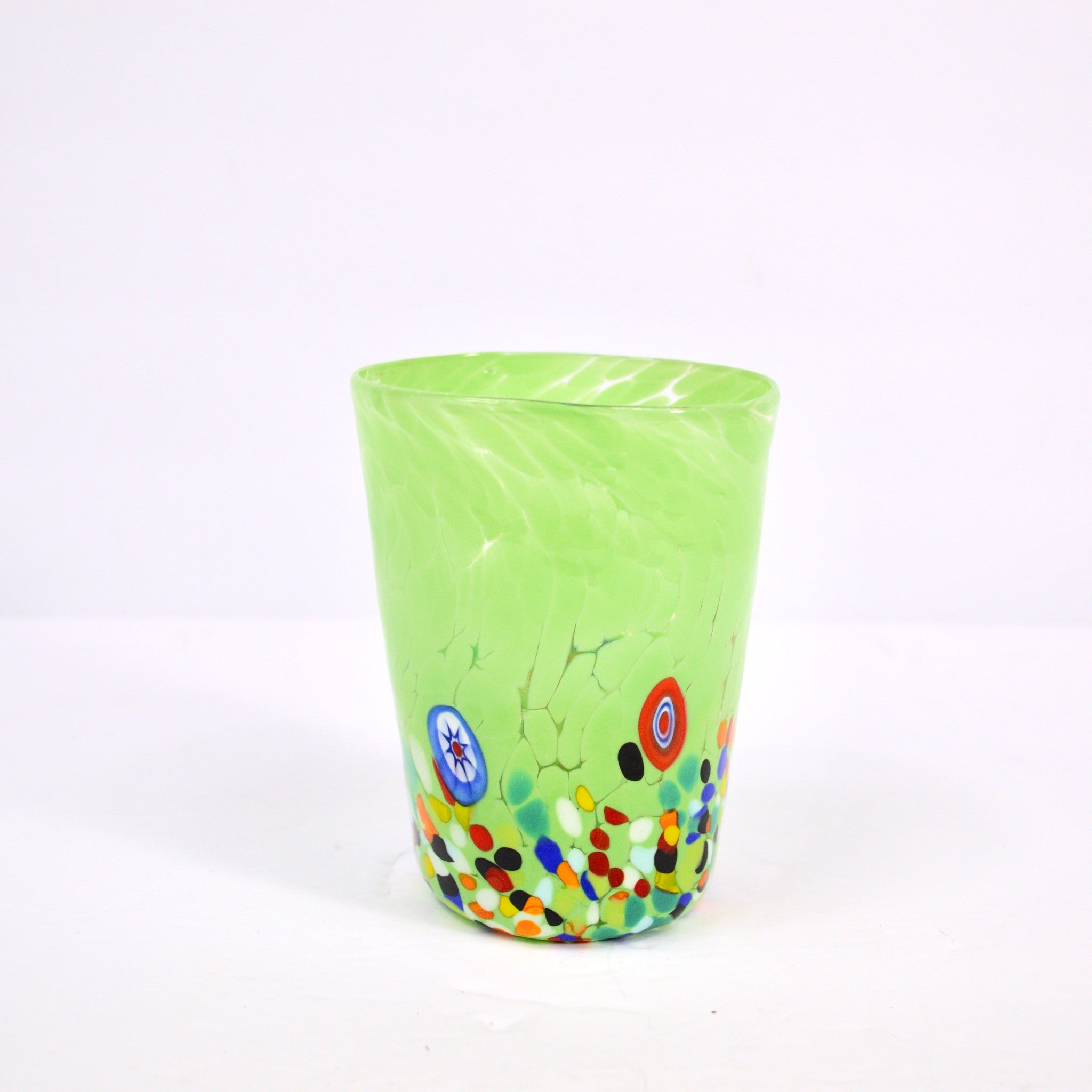 Light green Murano glass tumbler with Millefiori design, handcrafted drinking glass from MyItalianDecor.
