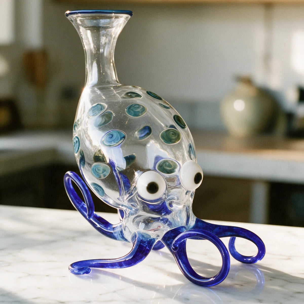 A clear glass octopus-shaped decanter with blue and green spotted details, large white eyes, and blue tentacles, displayed on a marble countertop in a kitchen setting.