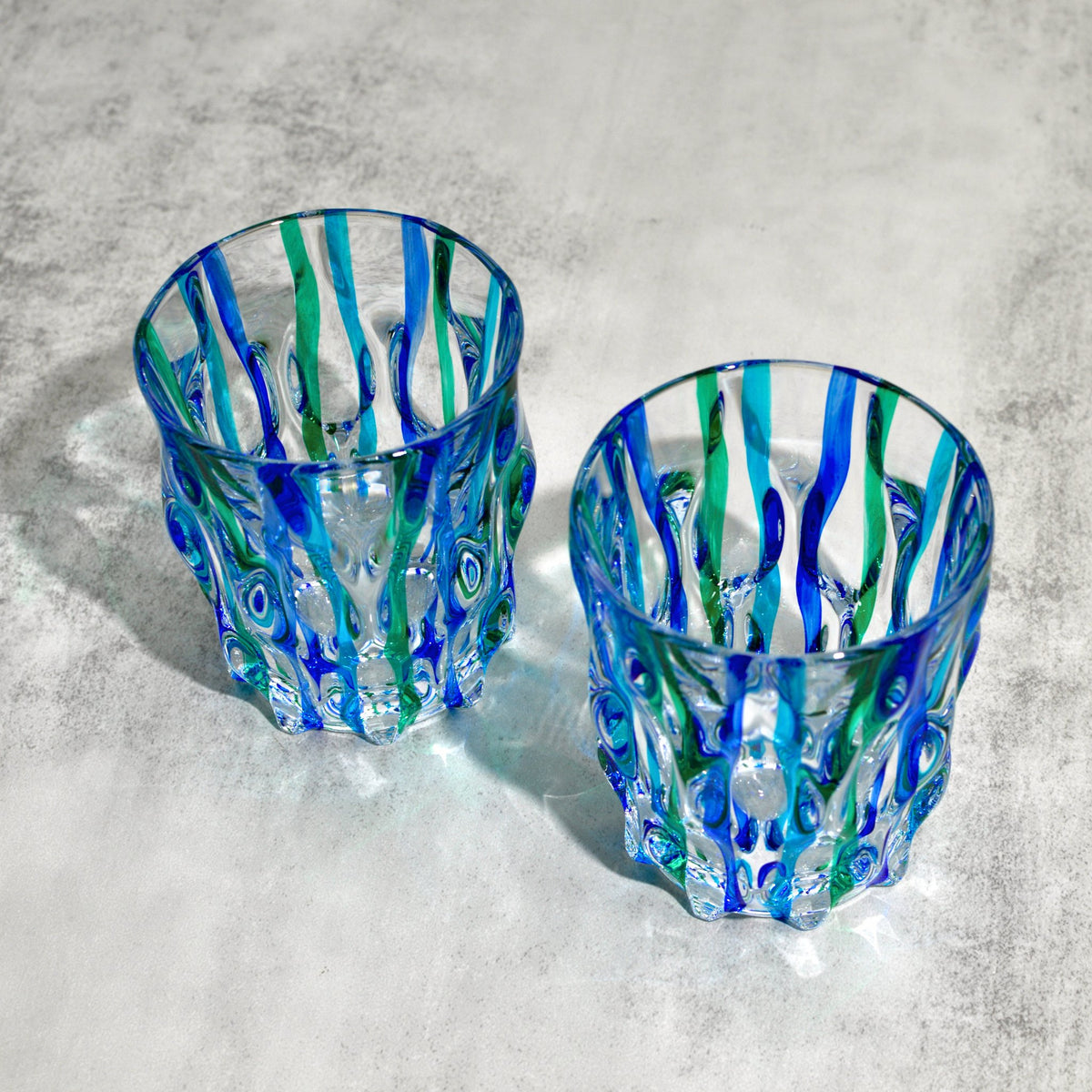 Lyrical Blue/Green Short Drink Glasses, Set of 2, Made in Italy