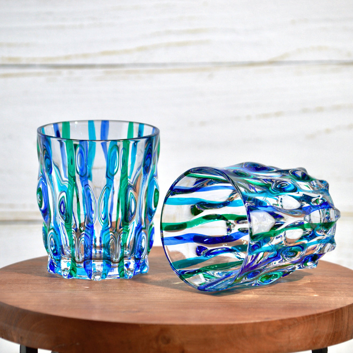 Lyrical Blue/Green Short Drink Glasses, Set of 2, Made in Italy