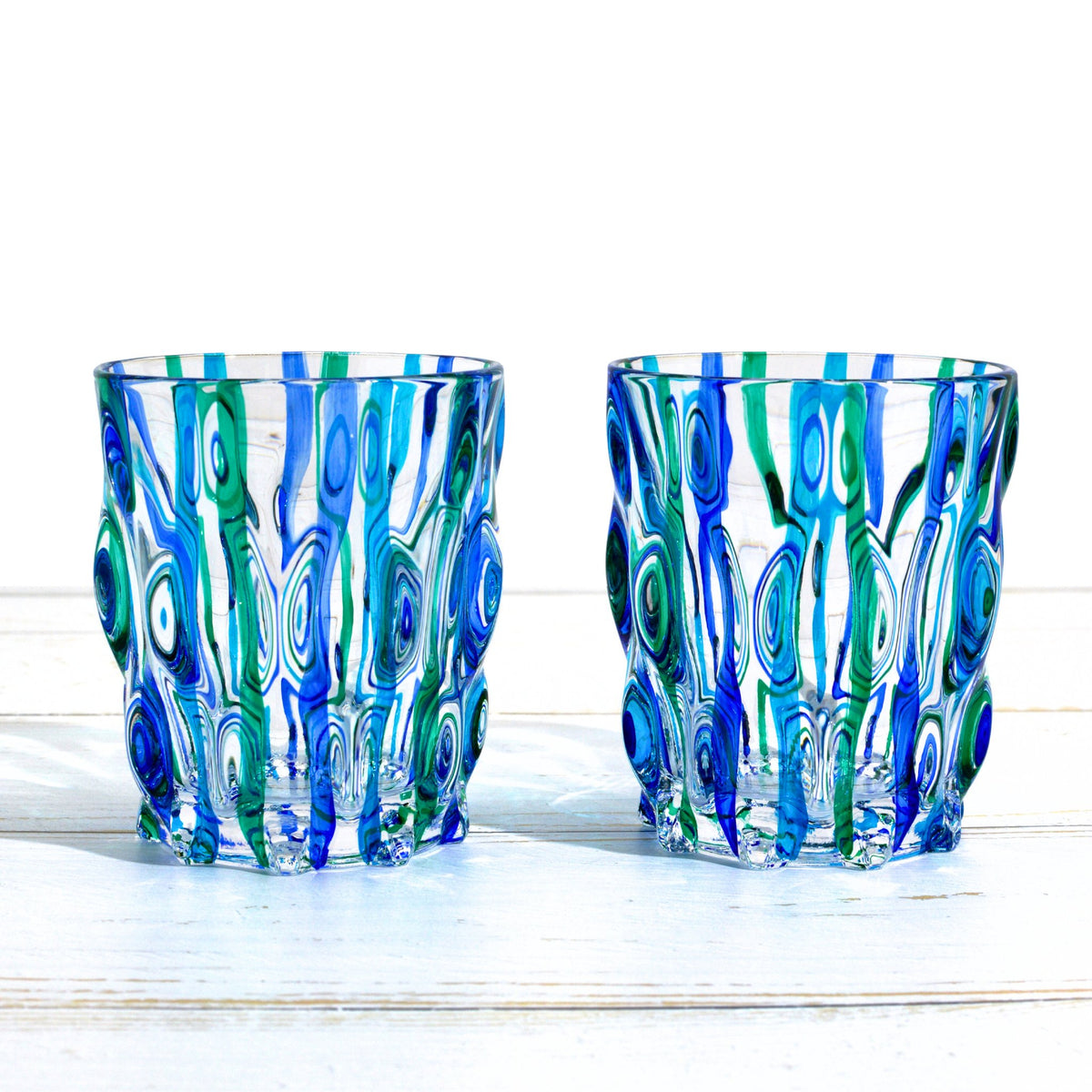 Lyrical Blue/Green Short Drink Glasses, Set of 2, Made in Italy