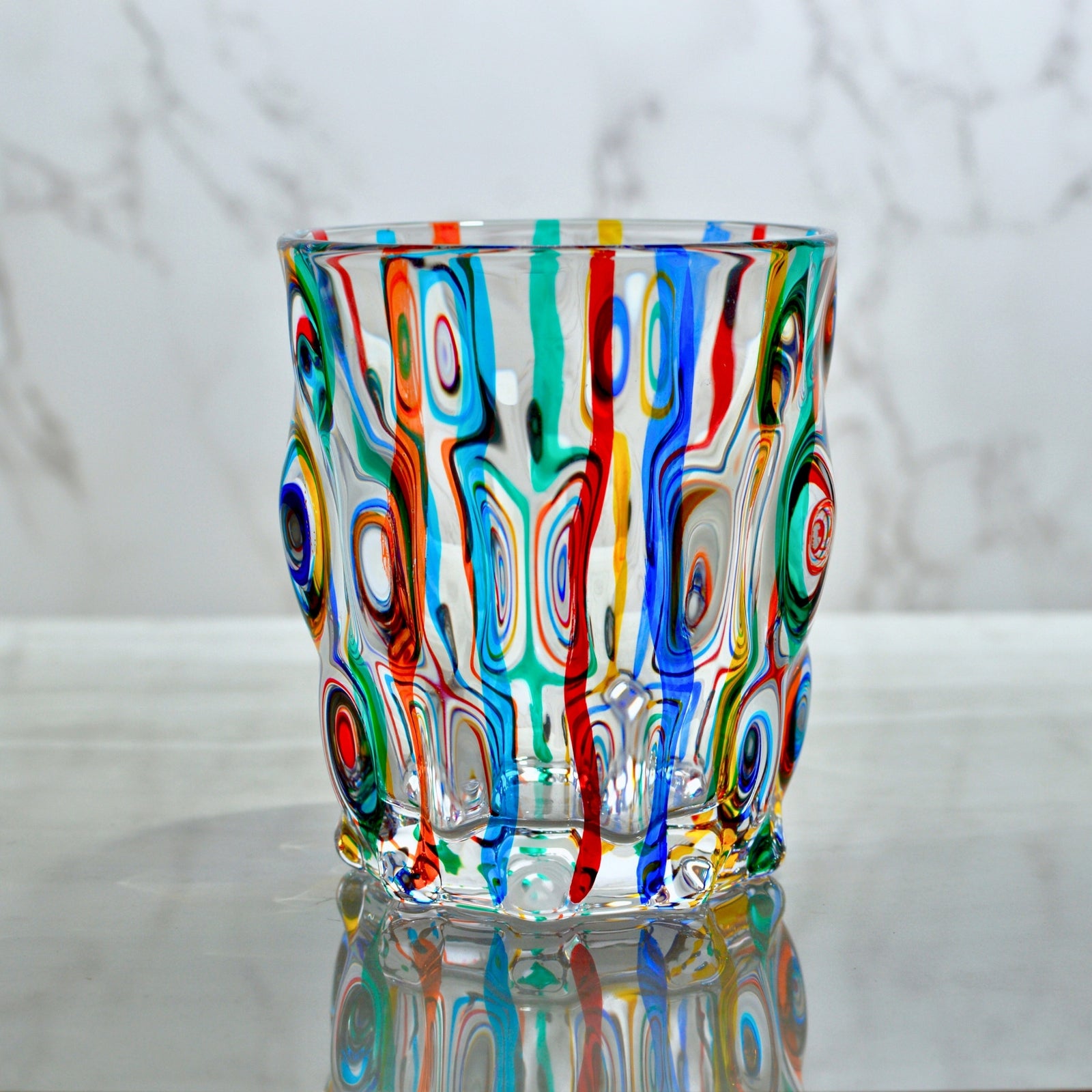 Set of two DZ Lyrical Short Drink Tumblers made in Italy, clear glass with elegant design, perfect for beverages.