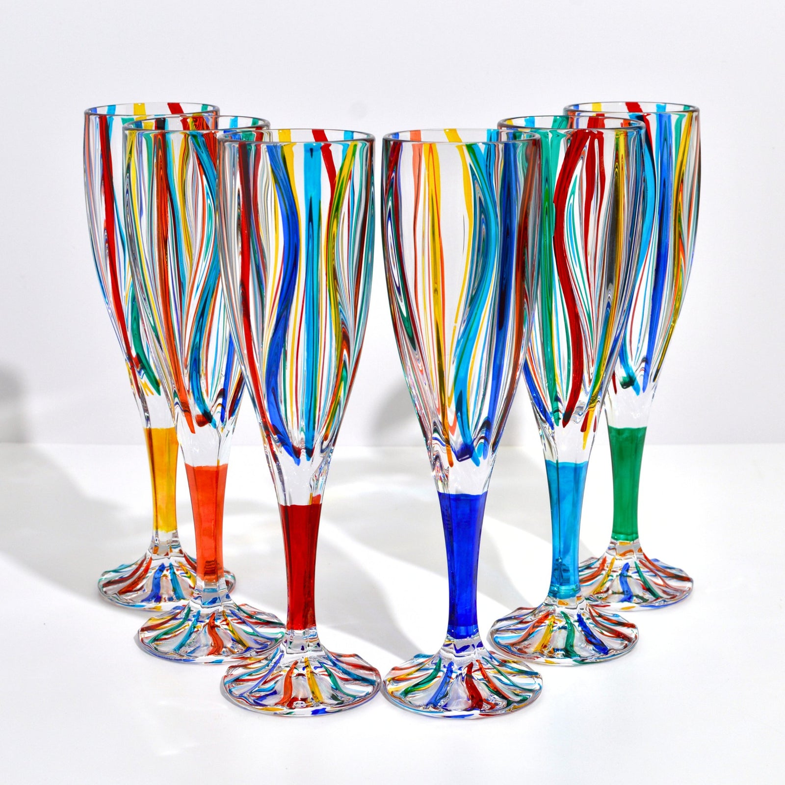 Set of 2 Mare hand-painted Italian crystal champagne glasses with orange and cobalt accents by DZ.