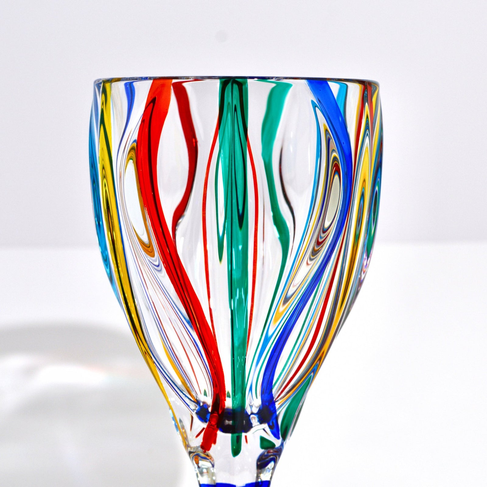 Set of two Mare hand-painted Italian crystal wine glasses by DZ with red and turquoise decorative accents.