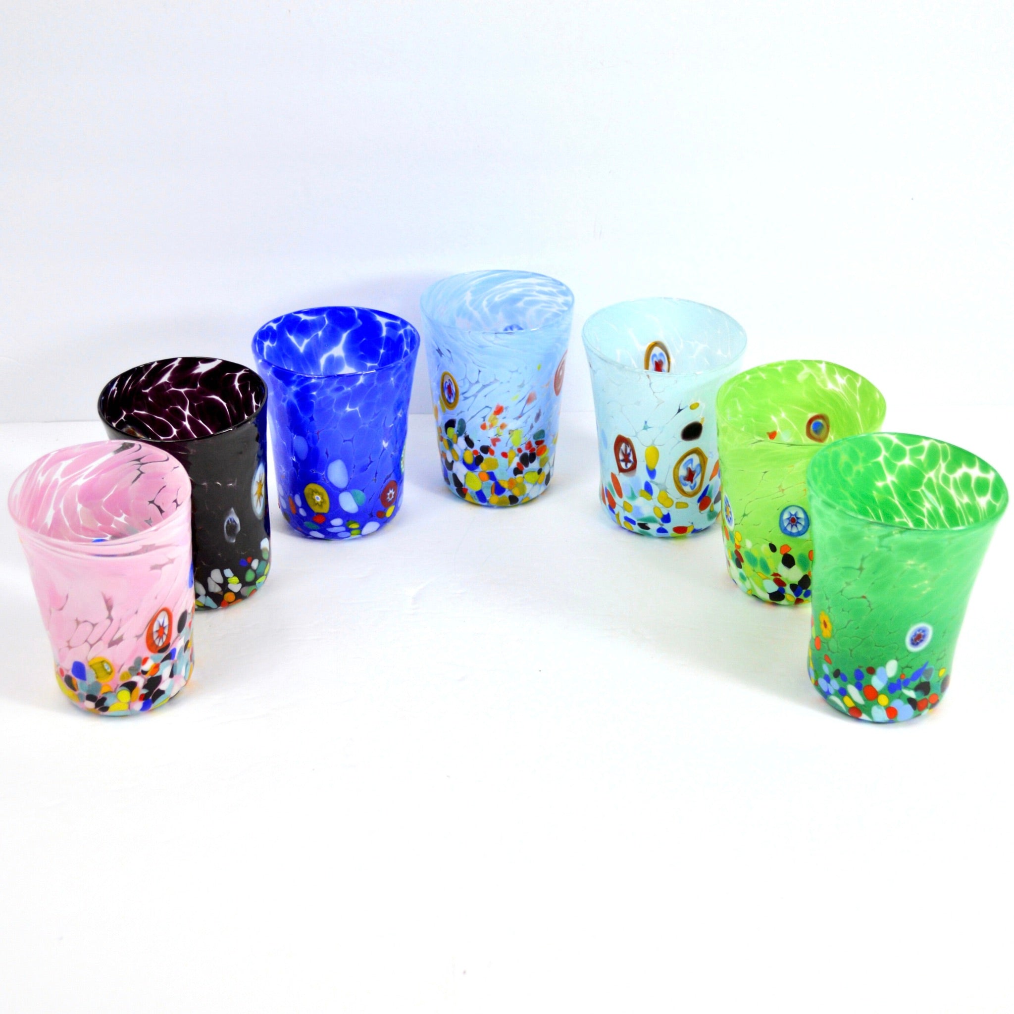 Medici Murano Glass Tumblers with Millefiori patterns, colorful Italian drinking glasses showcasing vibrant glass art.
