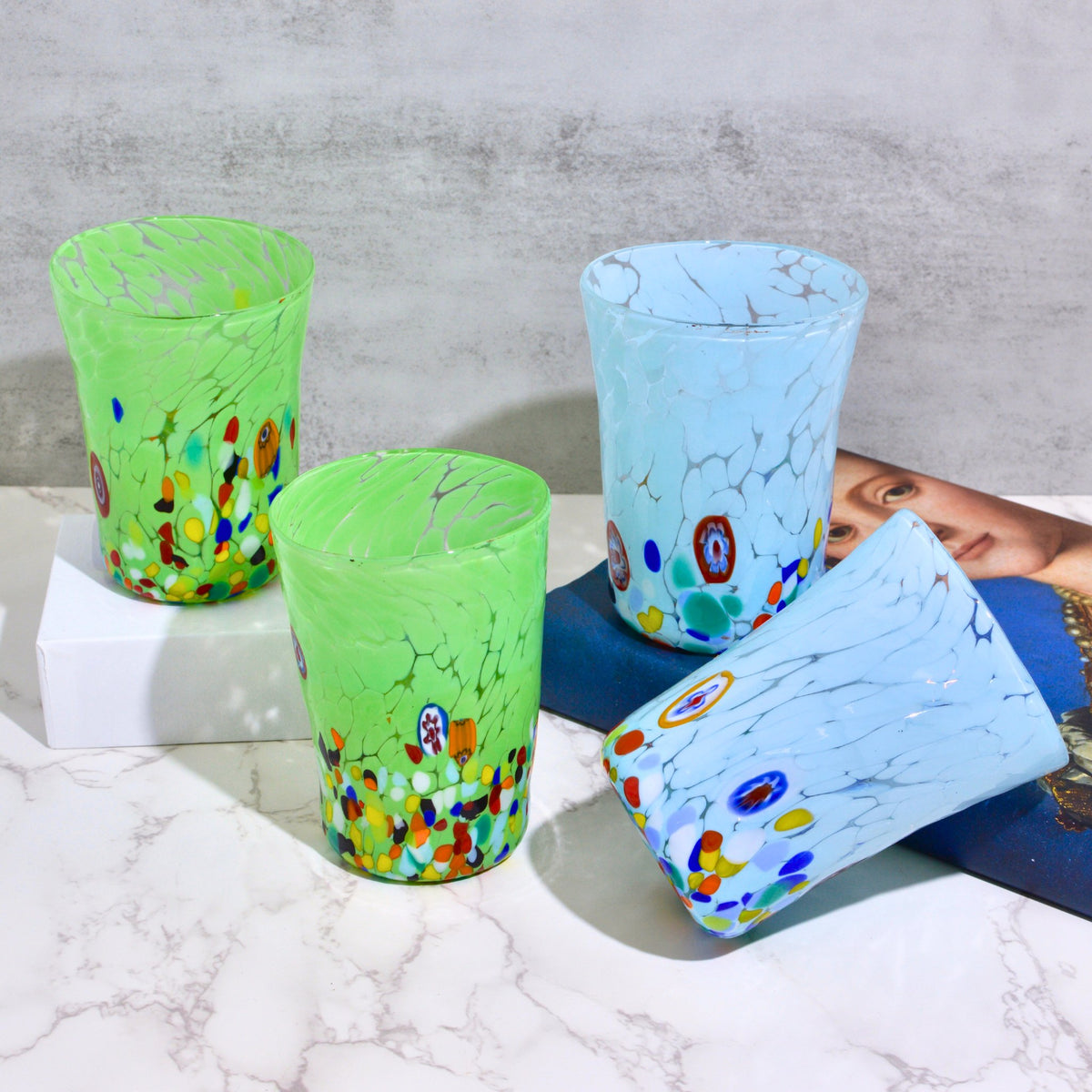 Medici Murano Glass Millefiori Light Blue/Lime Green Tumbler Set of 4