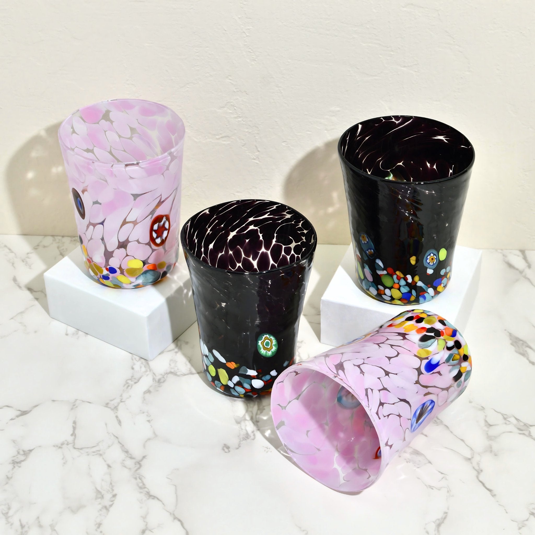 Pink and black Medici Murano glass tumbler with millefiori design, handcrafted drinking glass by MyItalianDecor.