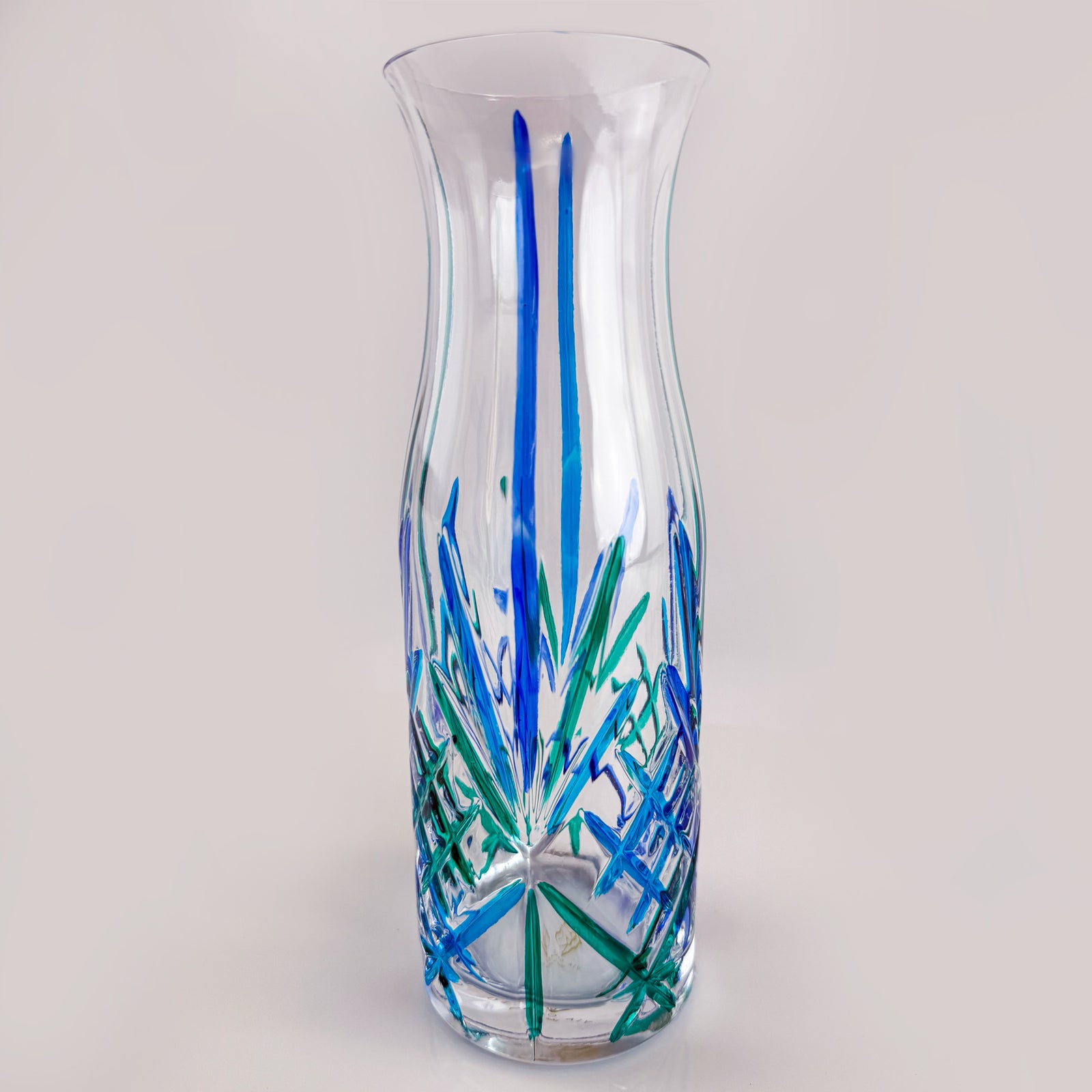 Blue and green crystal carafe pitcher by DZ, Melodia collection, made in Italy, perfect for serving beverages in style.