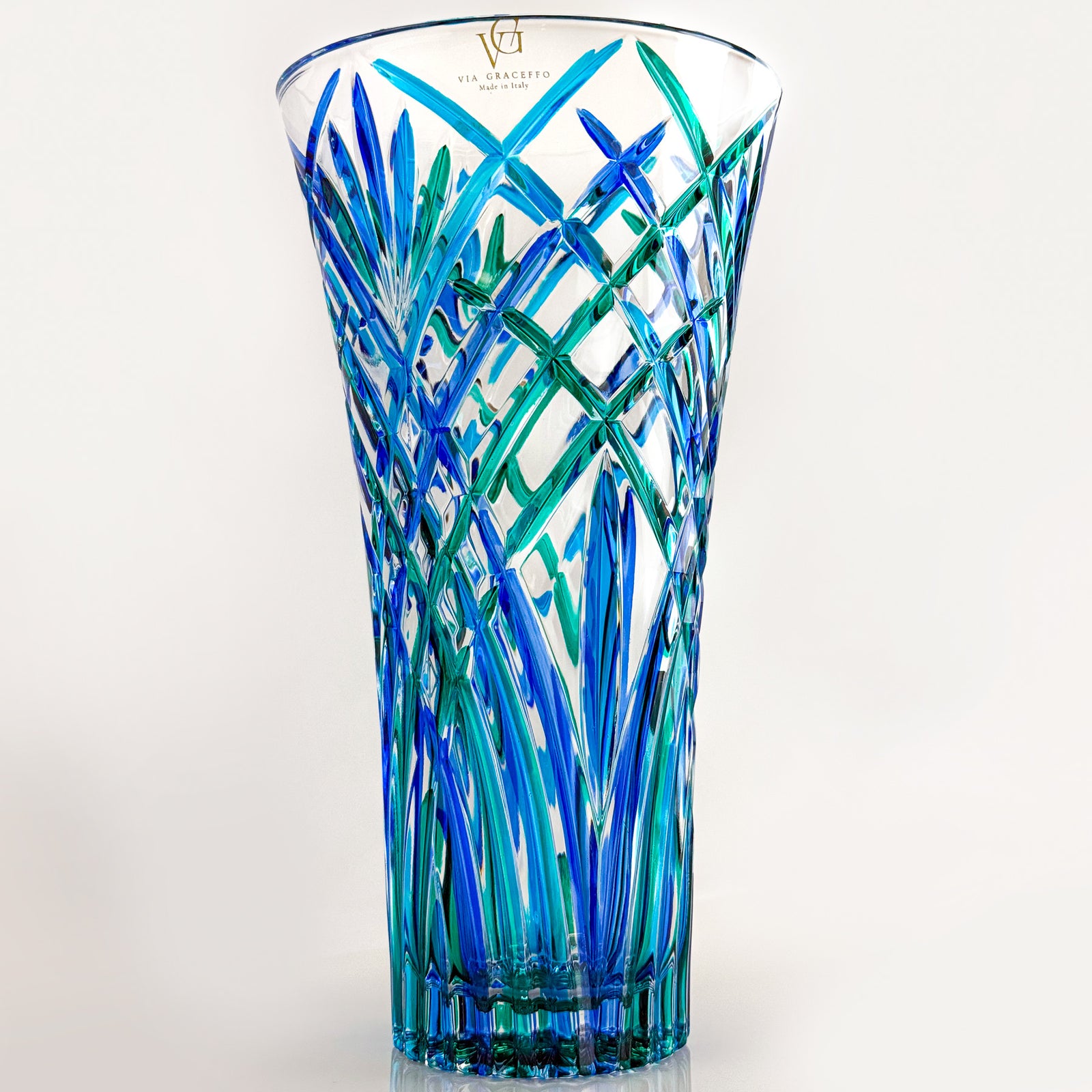 Large DZ Melodia crystal vase in blue and green, elegant Italian-made glass vase with a smooth, curved design.