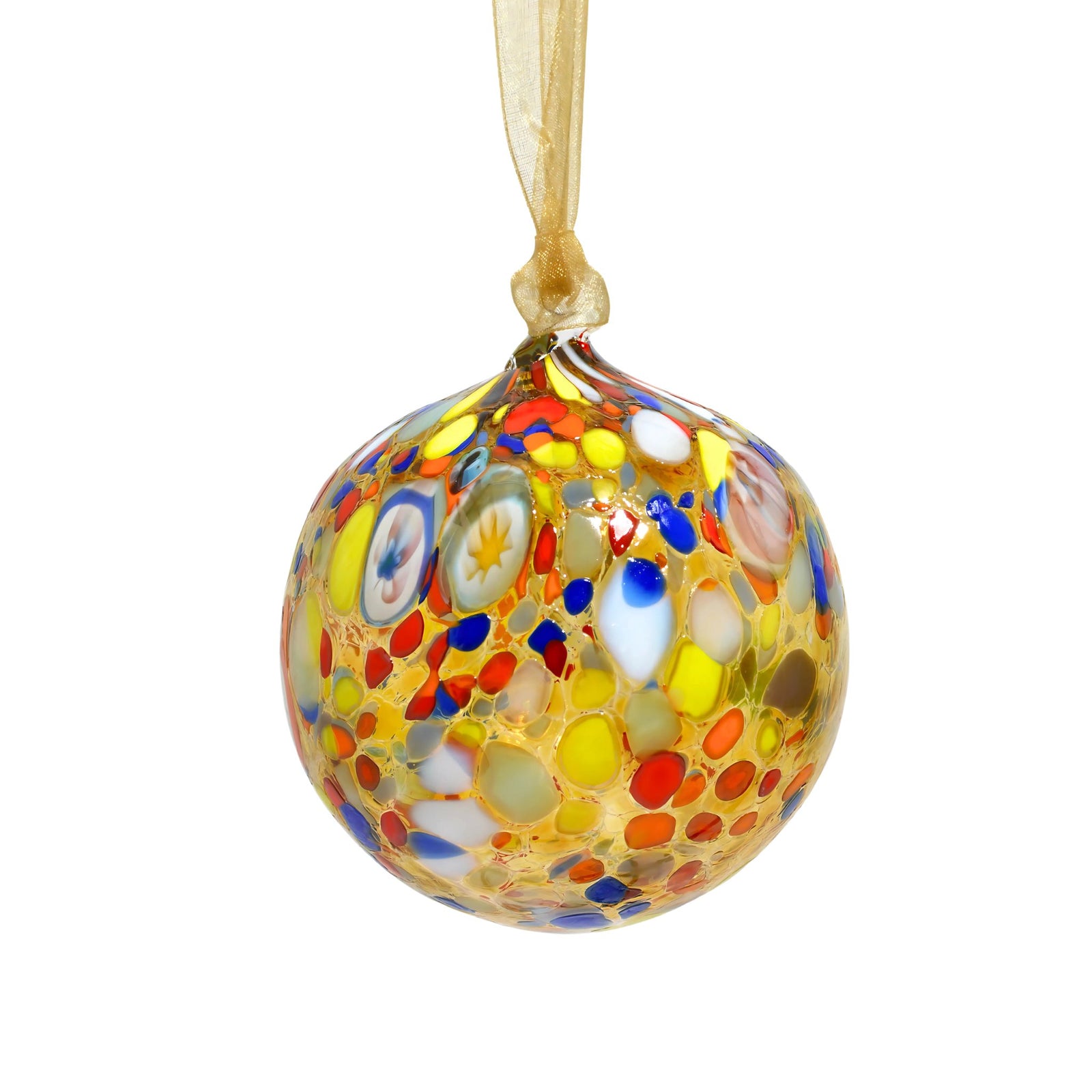 Set of six Italian glass Millefiori hanging ball ornaments, colorful holiday decorations with intricate floral patterns.