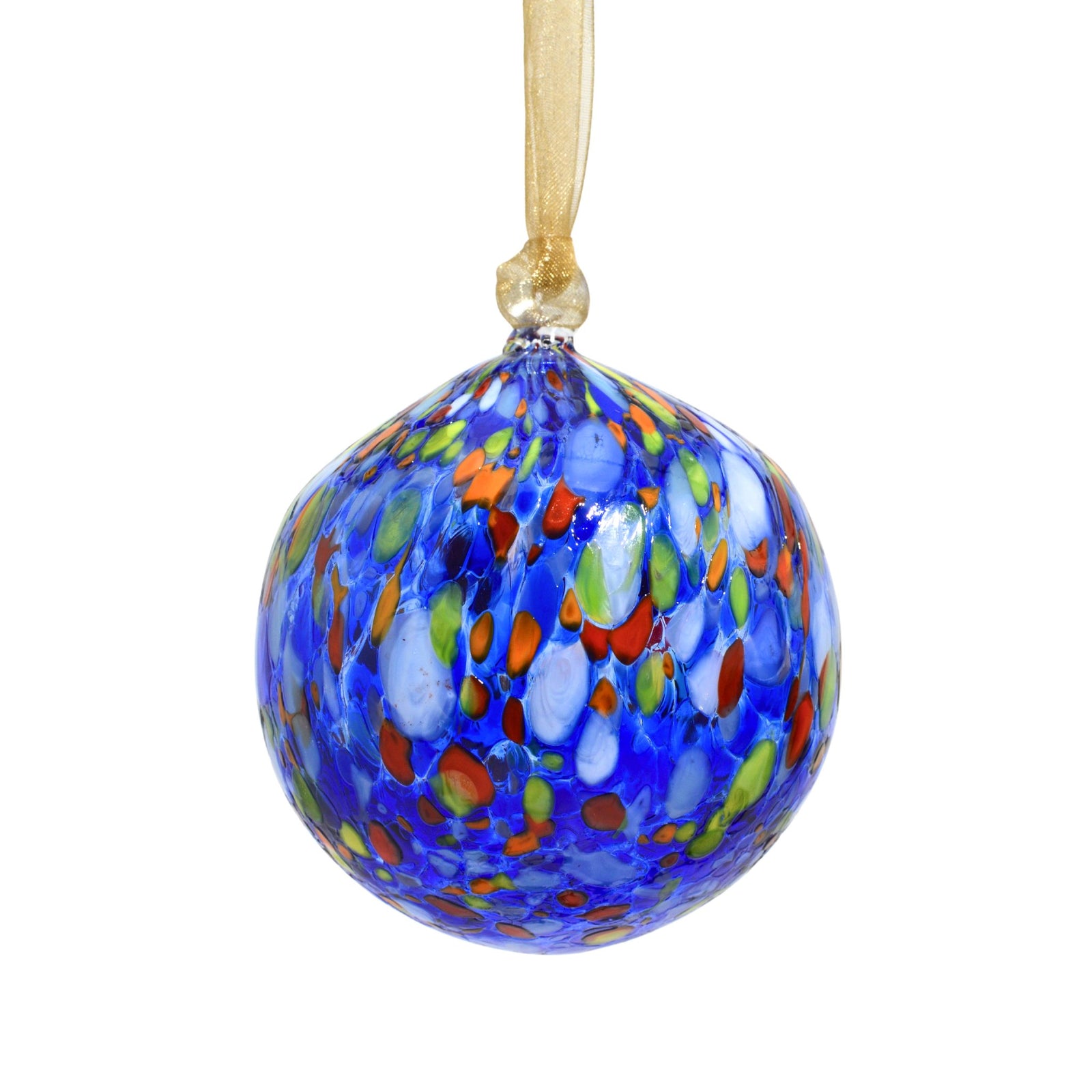 Set of six Italian glass Millefiori hanging ball ornaments, colorful holiday decorations with intricate floral patterns.
