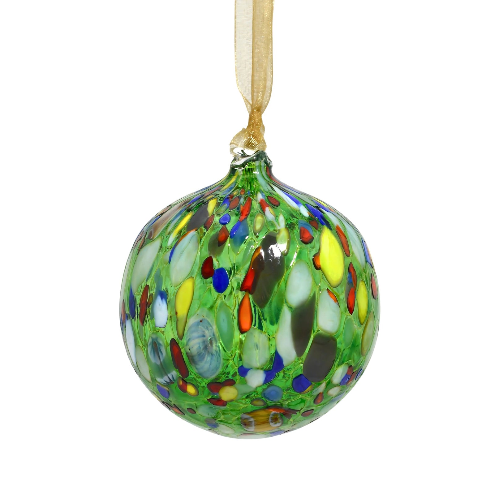 Colorful Italian glass Millefiori hanging ball ornament for holiday decoration, featuring intricate floral patterns and vibrant colors.