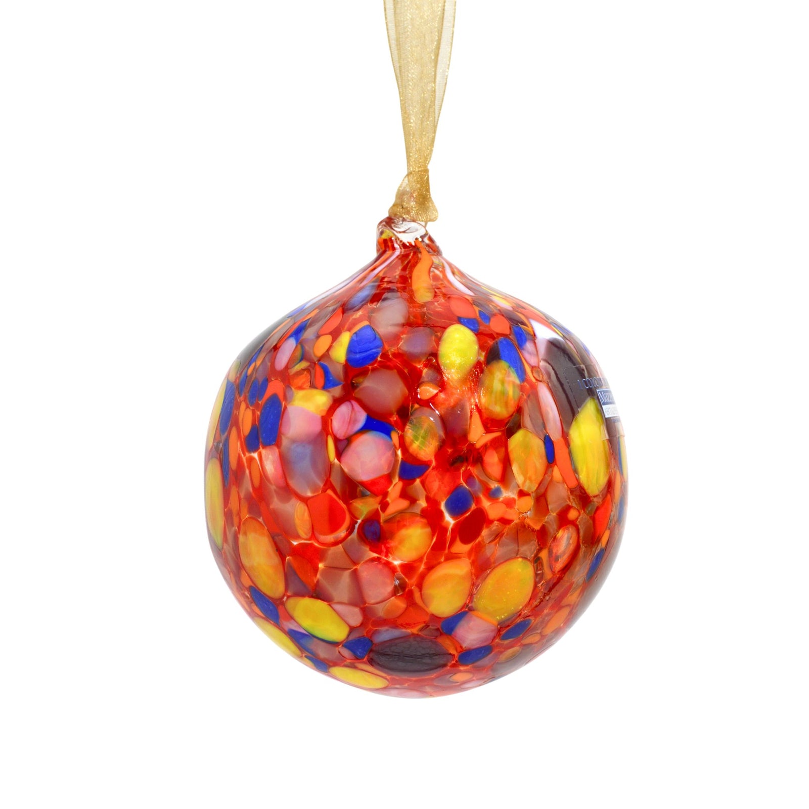 Set of six Italian glass Millefiori hanging ball ornaments, colorful holiday decorations with intricate floral patterns.