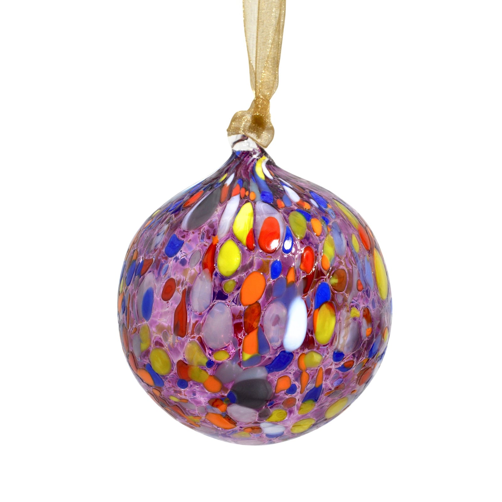 Set of six Italian glass Millefiori hanging ball ornaments, colorful holiday decorations with intricate floral patterns.