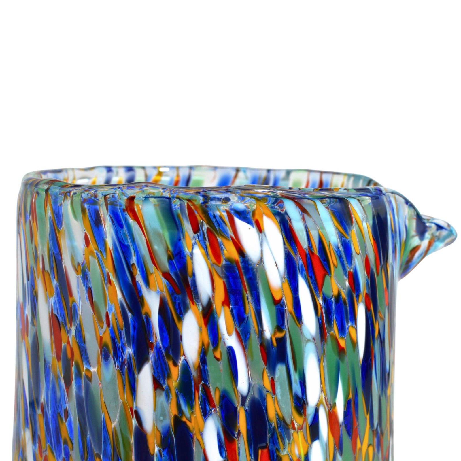 Tall glass pitcher with colorful confetti pattern, MZ Confetti Jug for serving drinks, made in Italy.