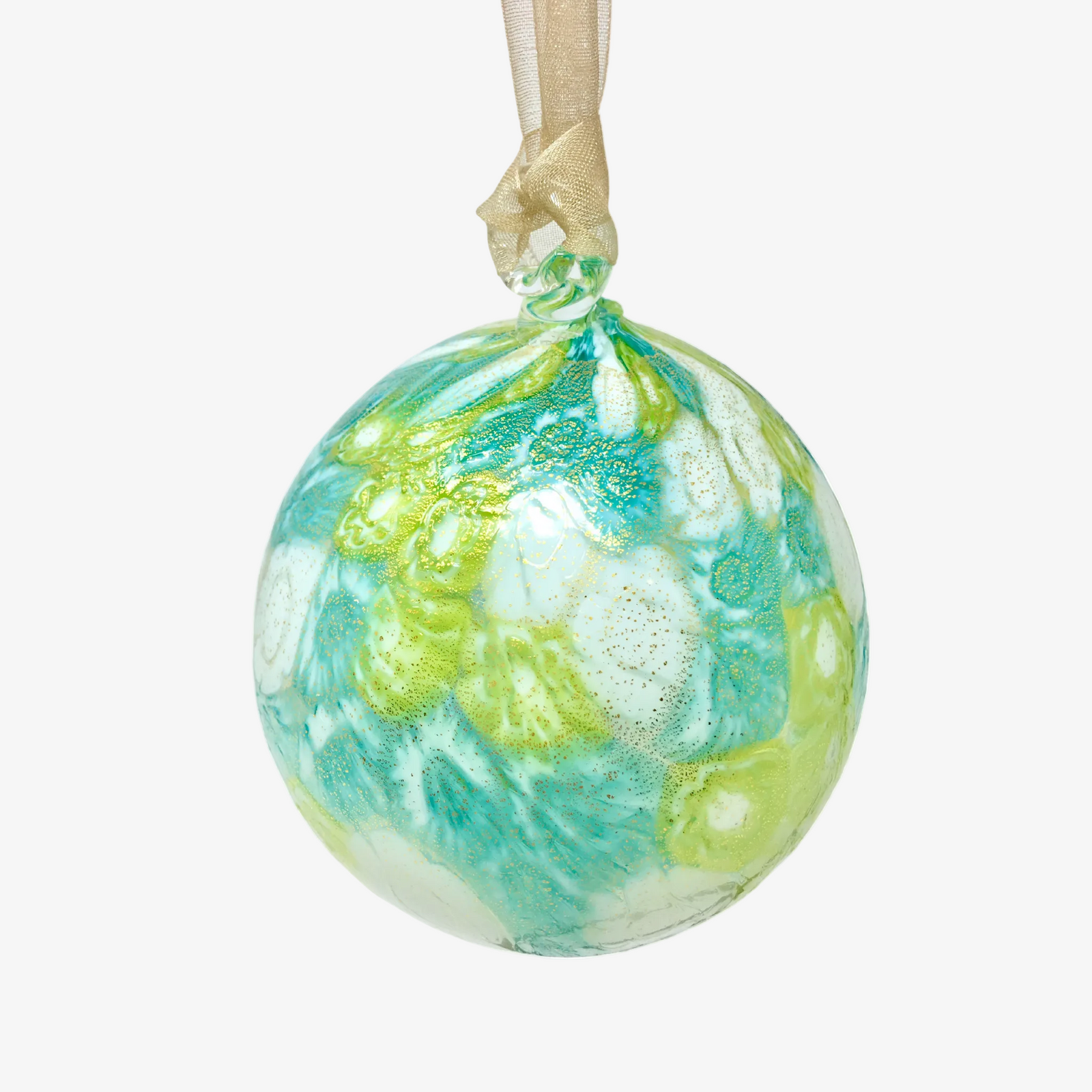 Colorful Murano blown glass Millefiori mosaic holiday ornament featuring intricate patterns in multiple vibrant colors.