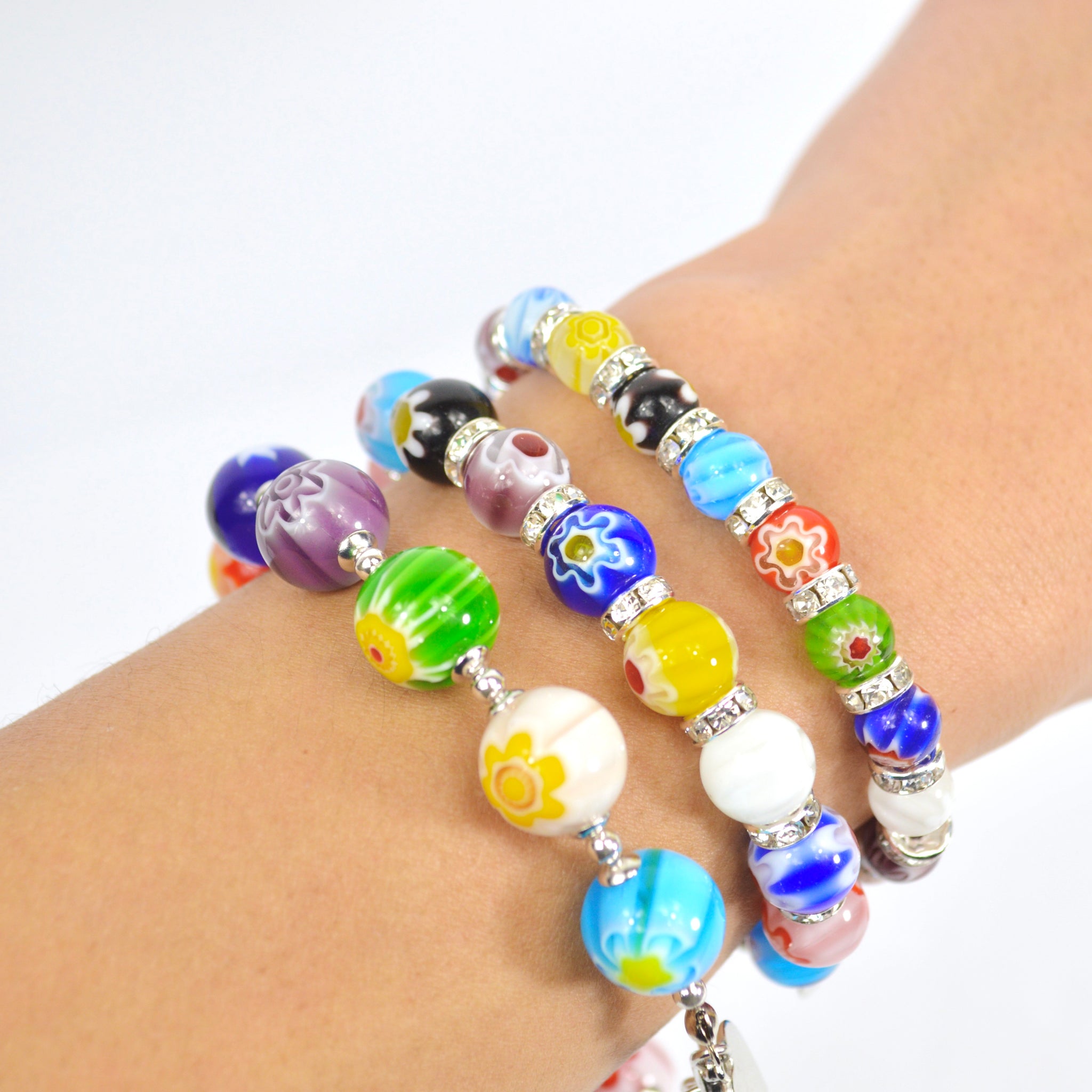 Colorful Murano glass Millefiori bead elastic bracelet by MyItalianDecor, showcasing intricate Italian craftsmanship and vibrant design.