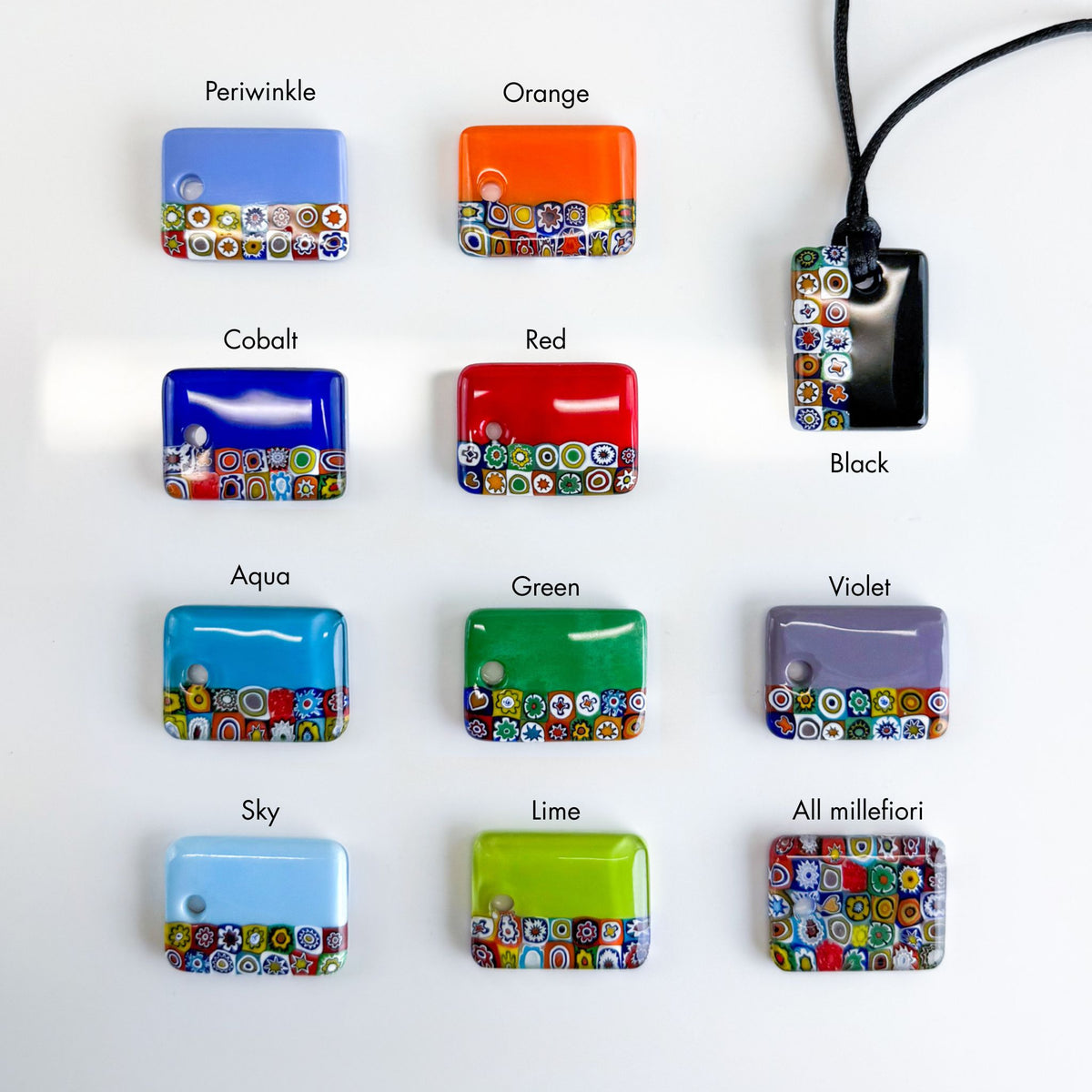 Millefiori Rectangle Pendant on cord, Made in Murano