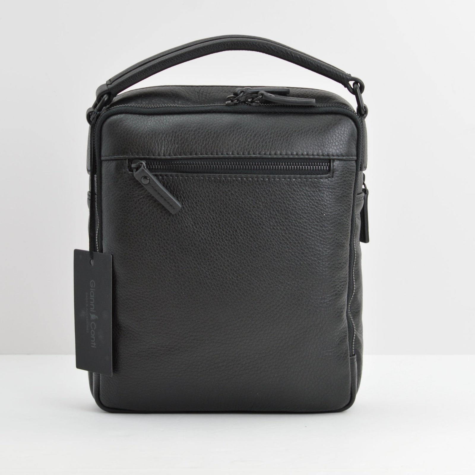 Front view of My Italian Decor Milano Italian Leather Men’s and Unisex handbag with strap, showcasing its sleek design and premium leather.
