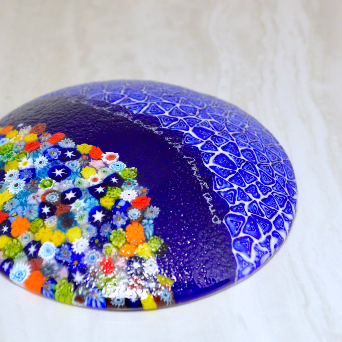 Round Murano Glass Luca Dish with Millefiori, Cobalt, Artist Signed - My Italian Decor