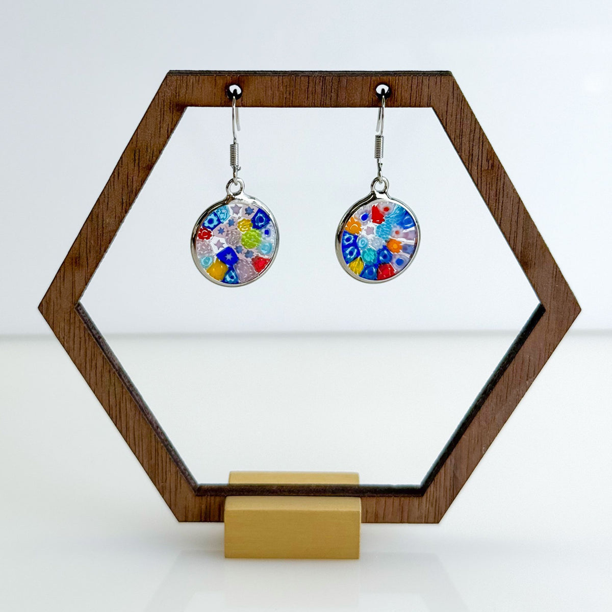 Millefiori Glass Disc Earrings, 1/2&quot;, Made in Murano, Italy