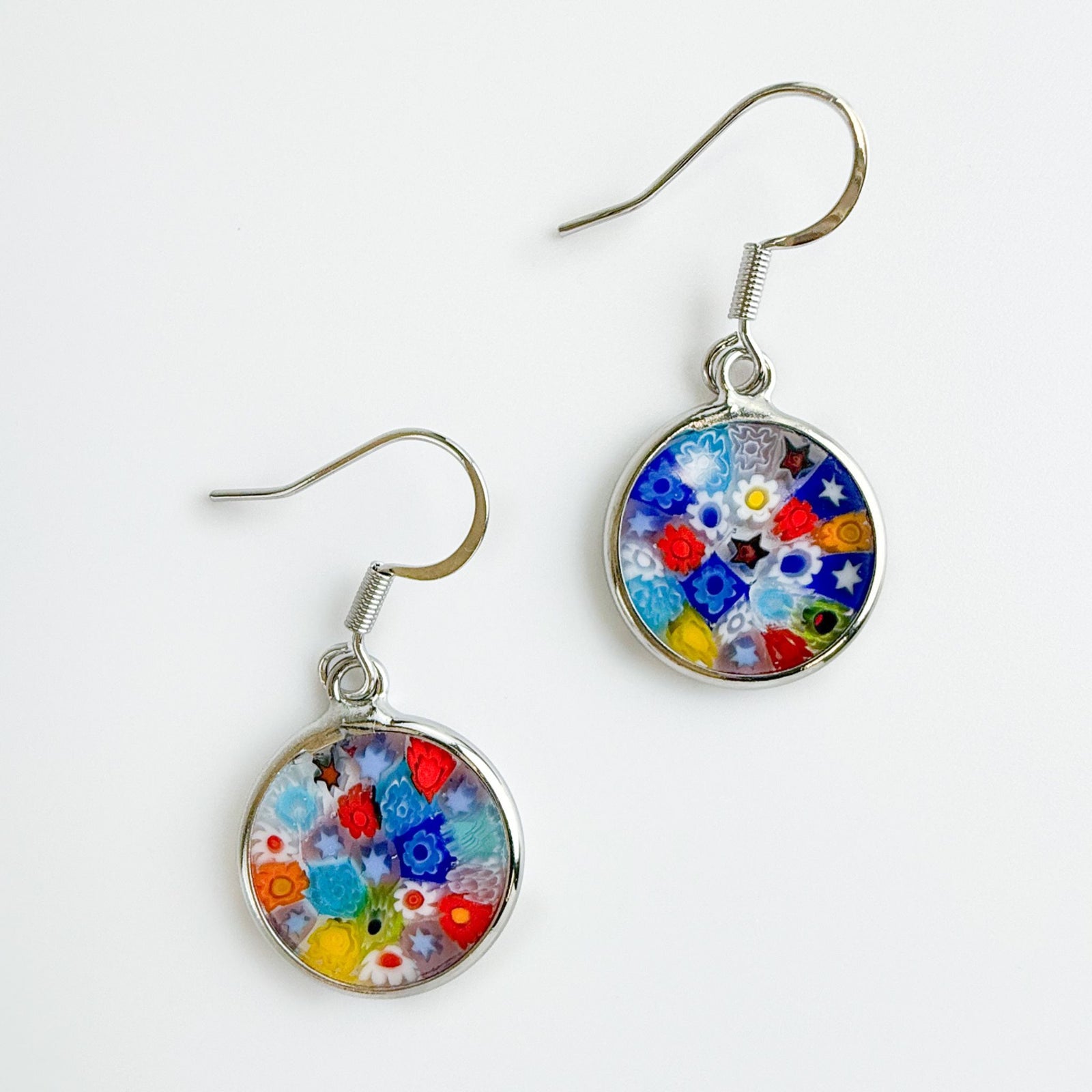 DZ Millefiori glass disc earrings, 1/2 inch, handcrafted in Murano, Italy, featuring colorful floral designs.