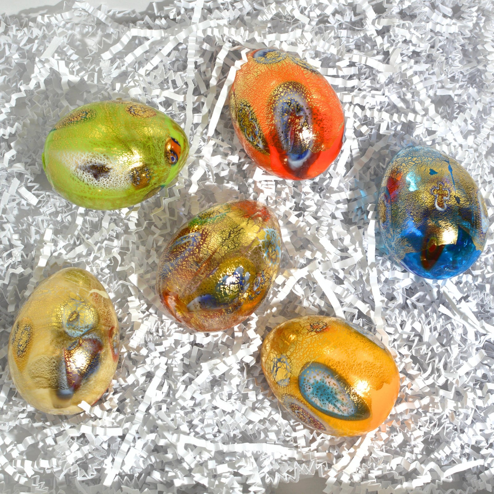 Colorful Murano glass egg figurine made in Italy, handcrafted by My Italian Decor, showcasing vibrant glass artistry.