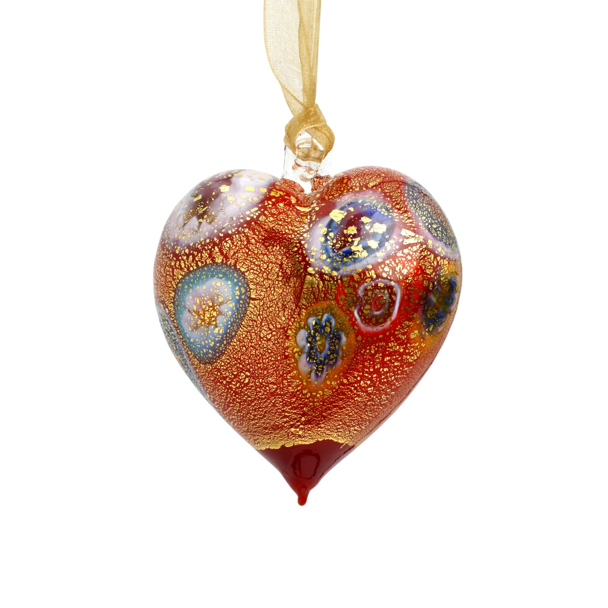 Millefiori Murano Glass Blown Heart Hanging Ornament, Large