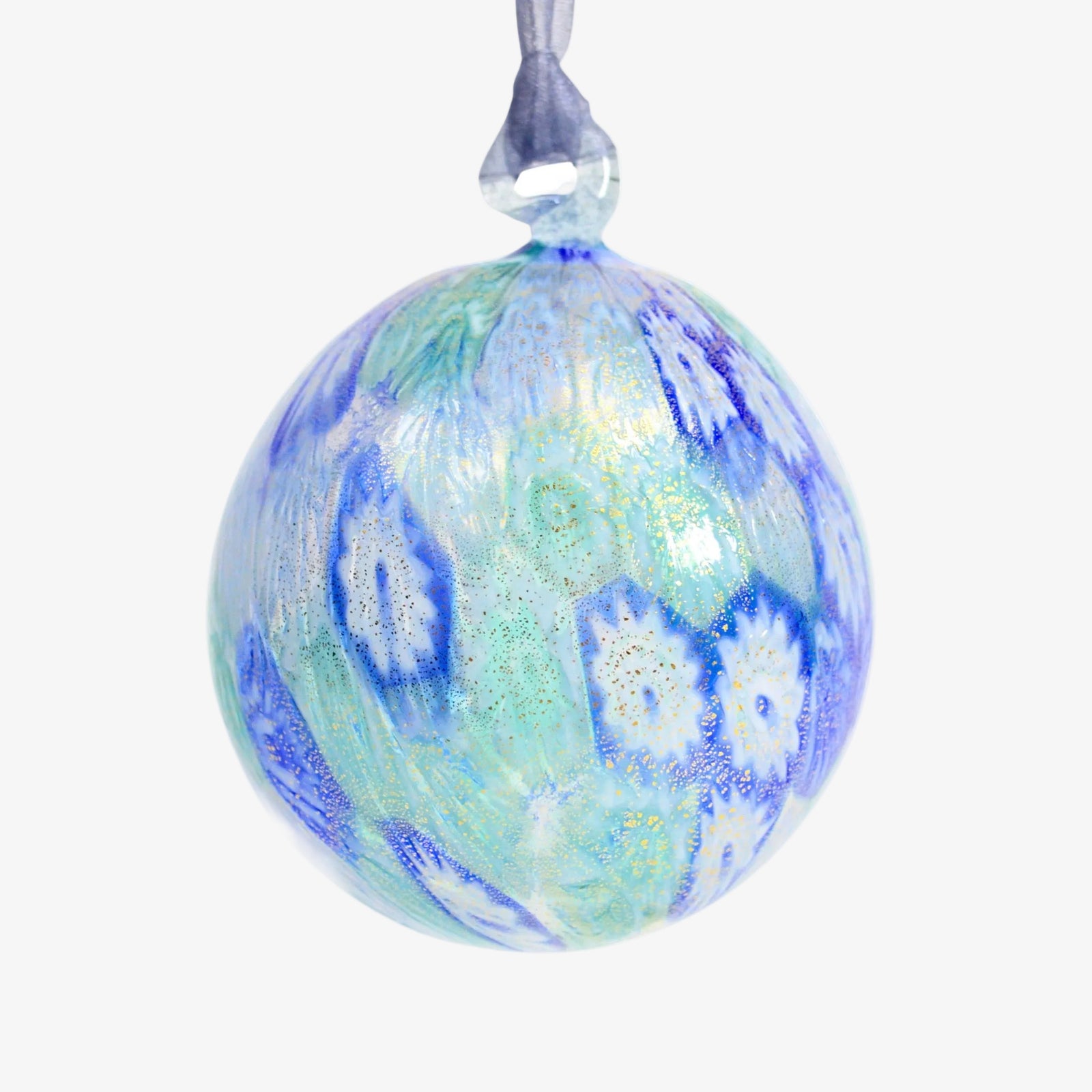Colorful Murano blown glass Millefiori mosaic holiday ornament featuring intricate patterns in multiple vibrant colors.