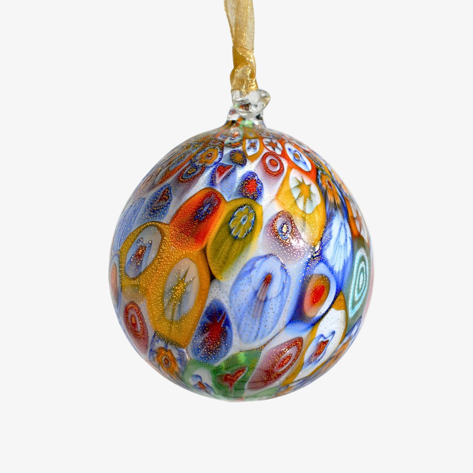 Colorful Murano blown glass Millefiori mosaic holiday ornament featuring vibrant patterns and multiple colors.