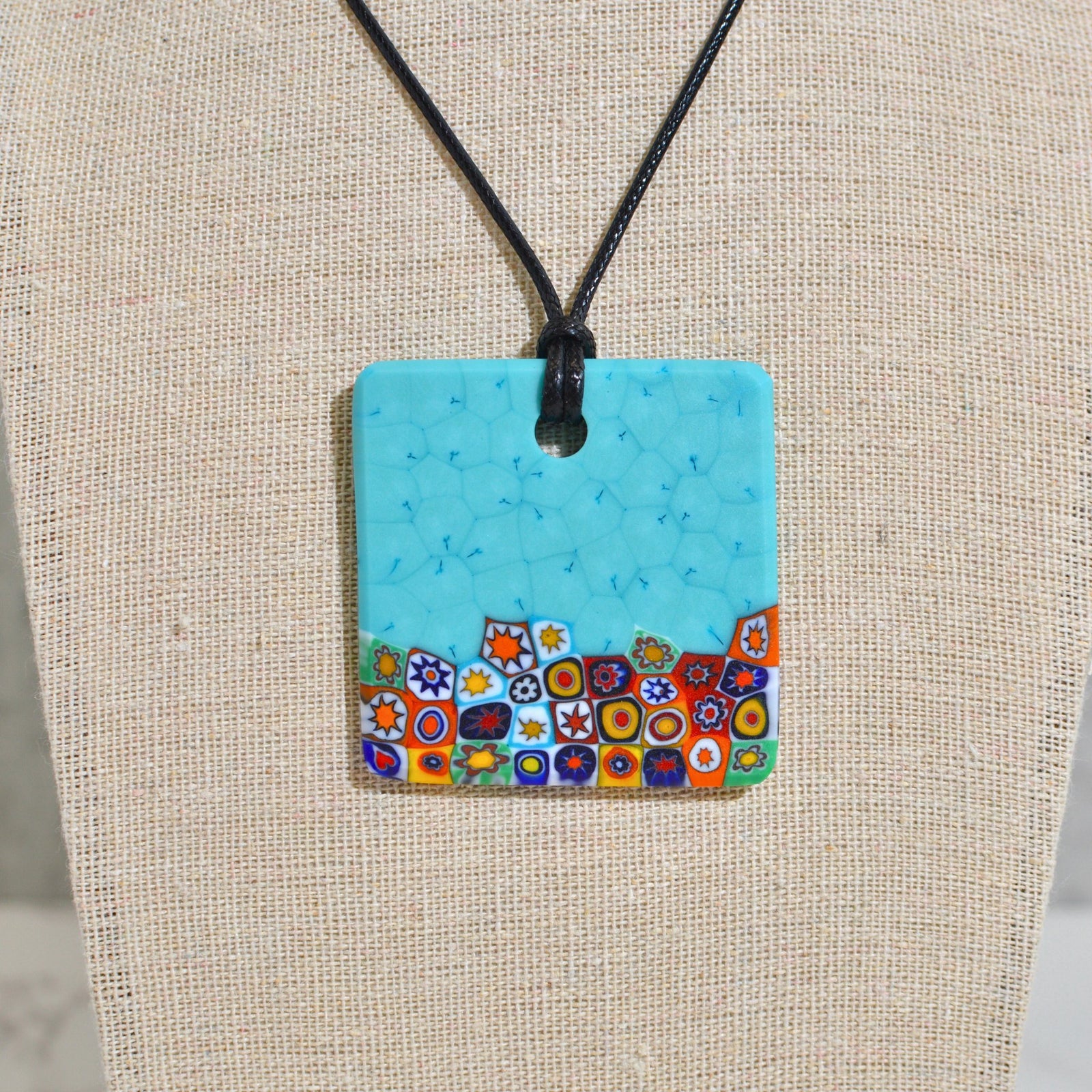 Piastra Millefiori Aqua Glass Pendant Necklace, Made in Italy - My Italian Decor