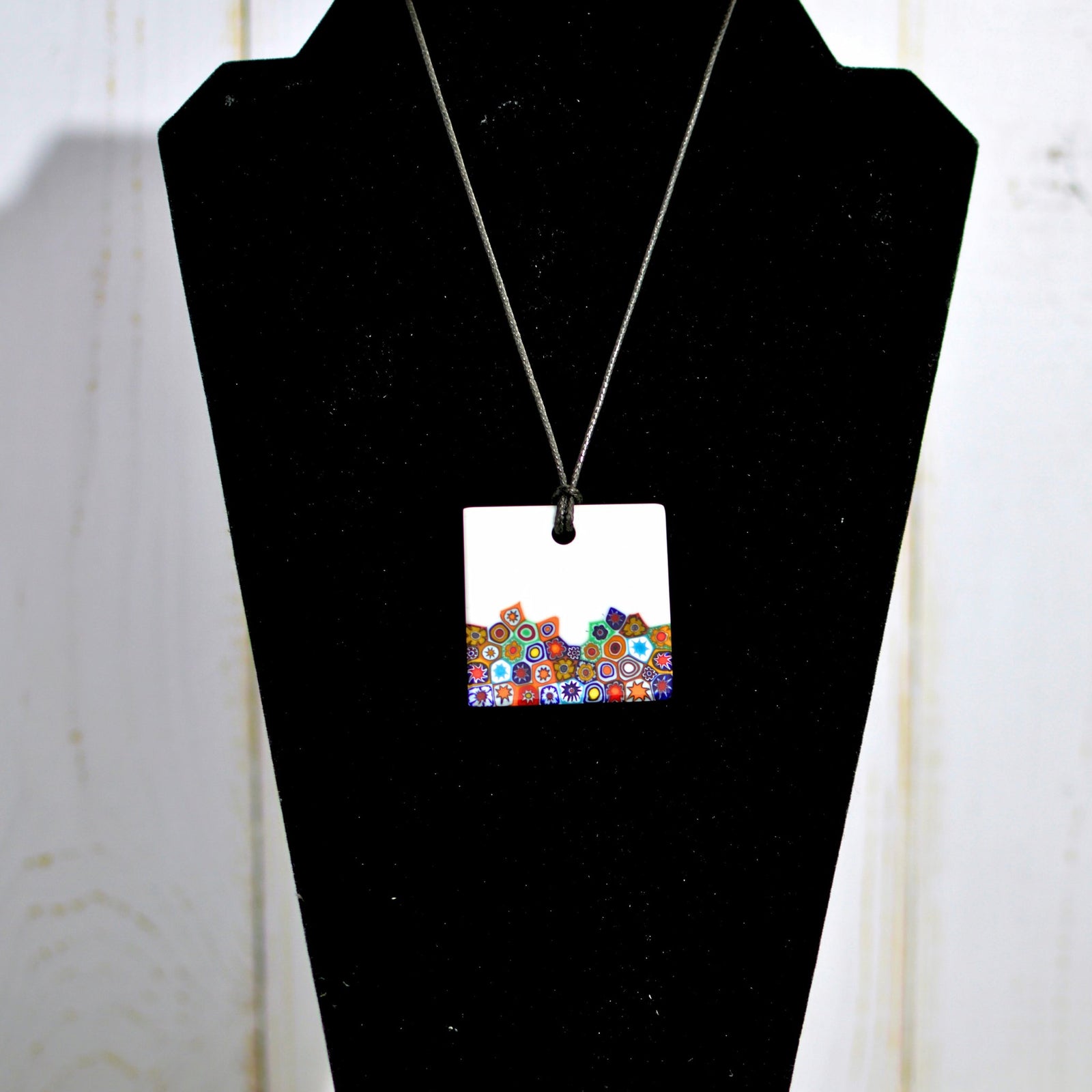 Ivory-white Millefiori glass pendant necklace with colorful floral charms, elegant jewelry piece by My Italian Decor.
