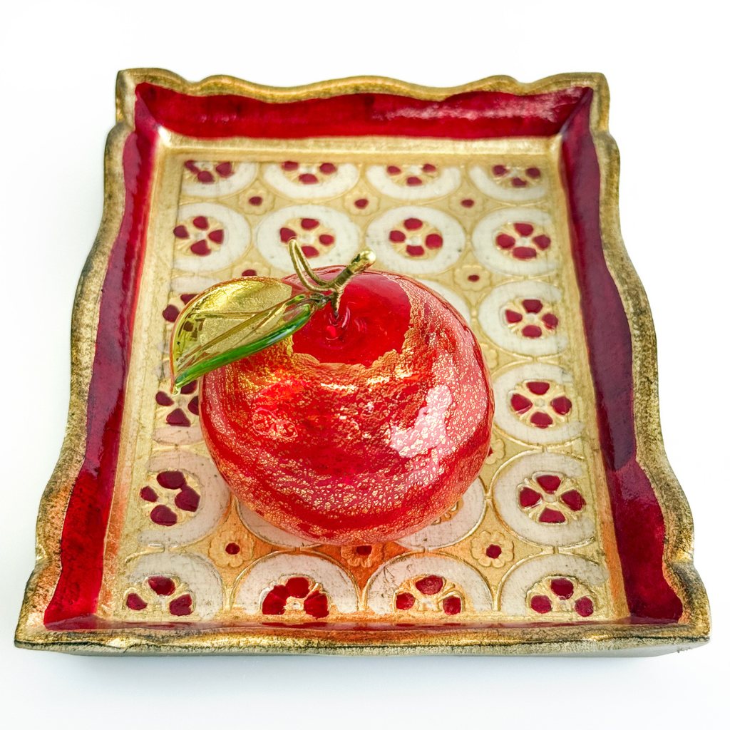 Red Florentine carved wood rectangle tessellated mini tray with apple design by My Italian Decor