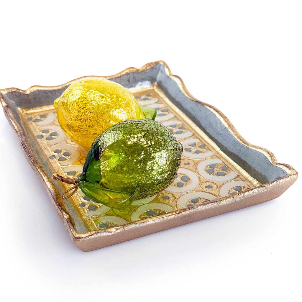 Florentine carved wood rectangle tessellated mini tray in lemon lime grey, crafted by My Italian Decor.
