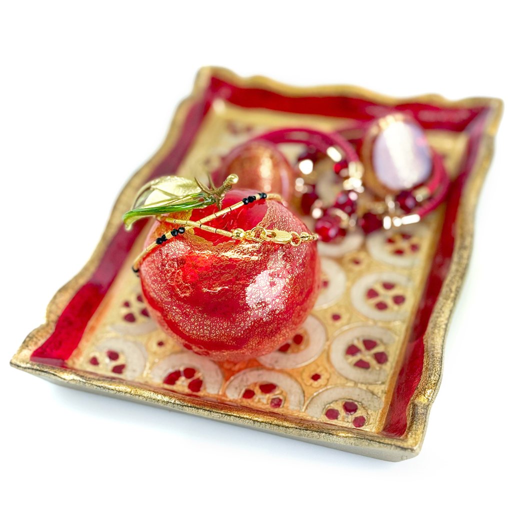Red Florentine carved wood rectangle tessellated mini tray with apple design, by My Italian Decor.