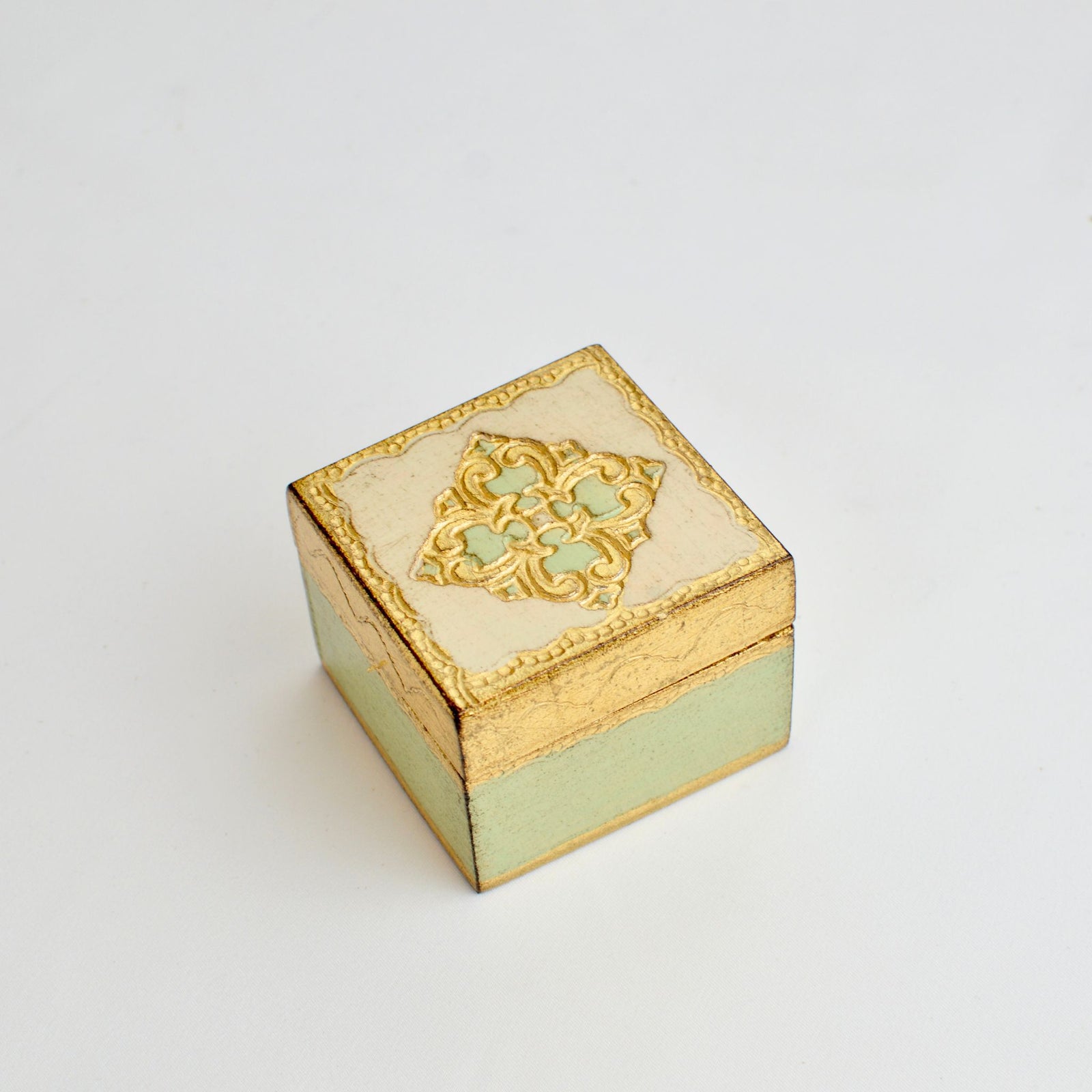 Florentine carved mini wood jewelry box with lid, decorative ring box by My Italian Decor, featuring intricate wood carving and craftsmanship.