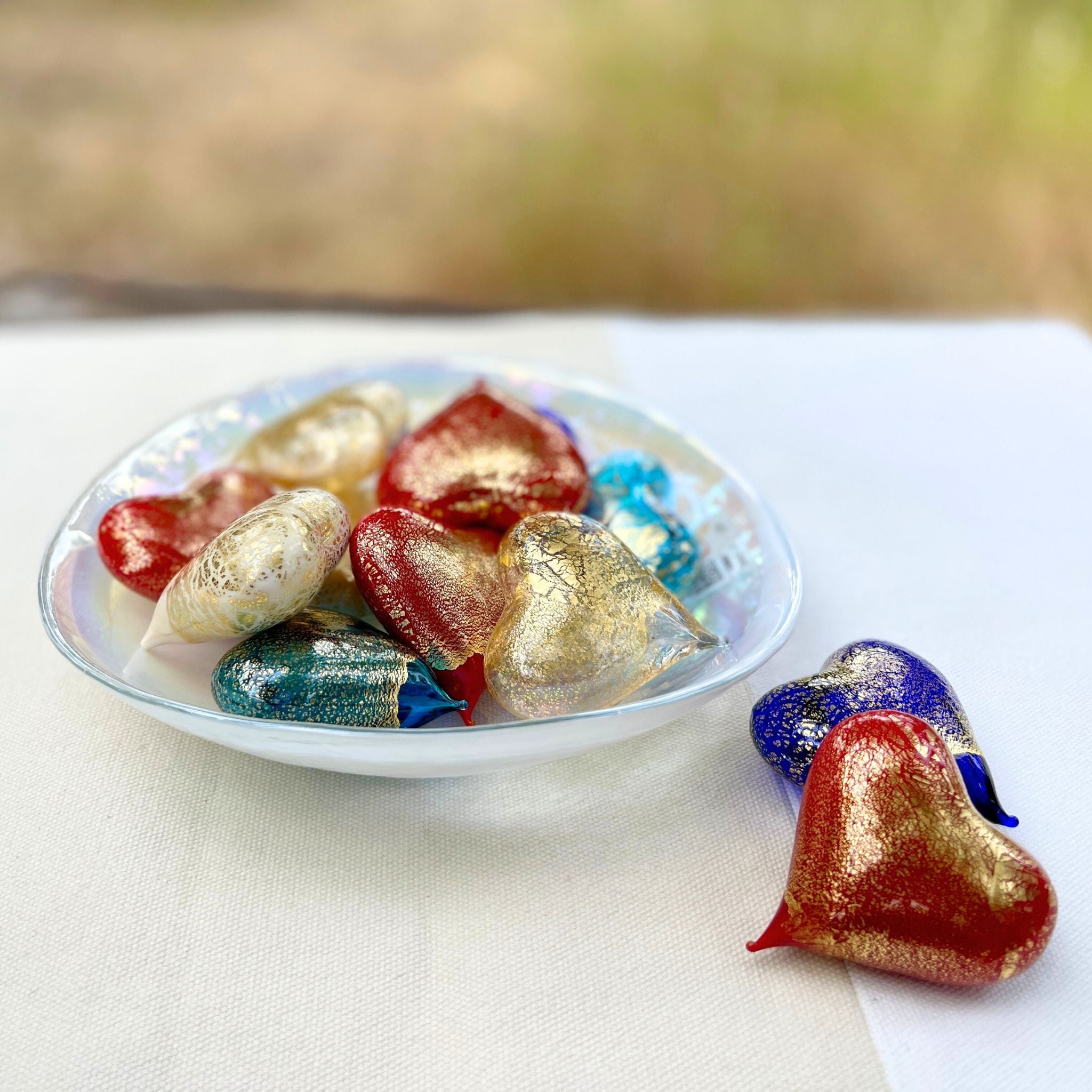 Set of three small Murano glass heart figurines in red, white, and blue, made in Italy, by MyItalianDecor.