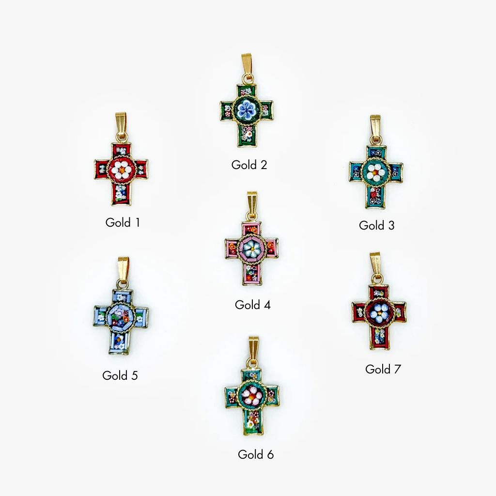Florentine Mosaic Cross Pendant Necklace, Mini, Made In Italy