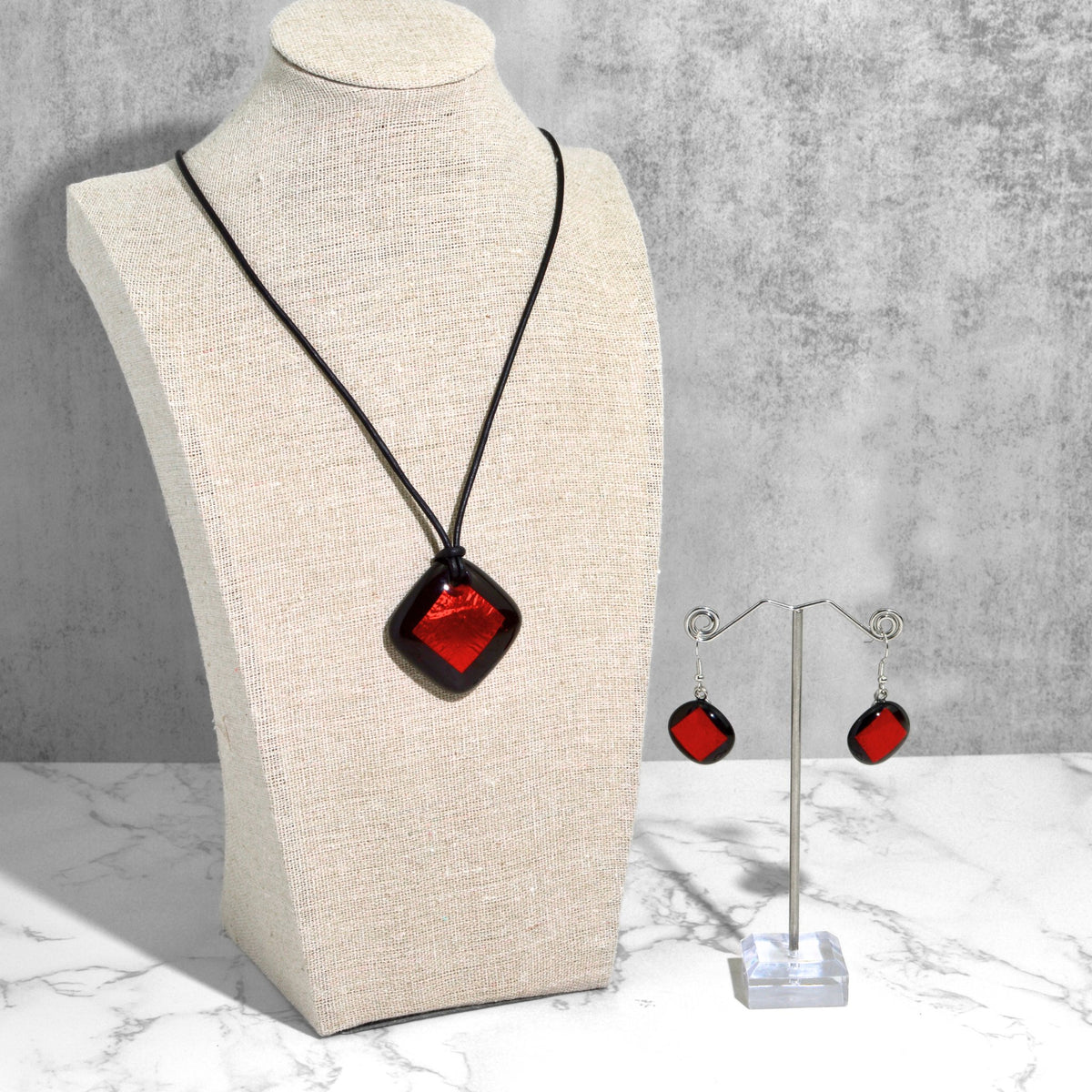 Modena Murano Glass Rhombus Pendant Necklace and Earrings