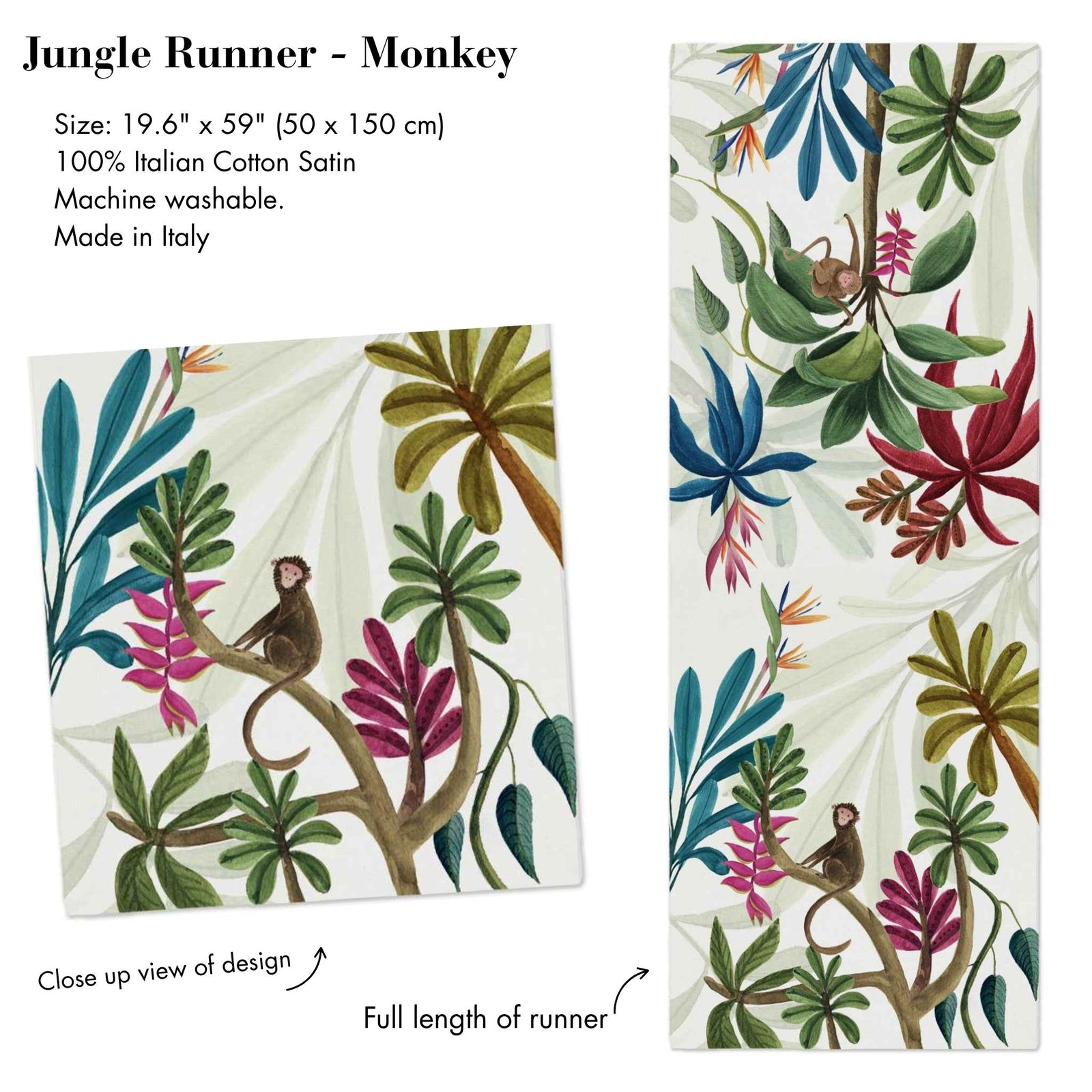 Jungle-themed cotton table runner by My Italian Decor featuring green foliage and tropical design, perfect for stylish table settings.