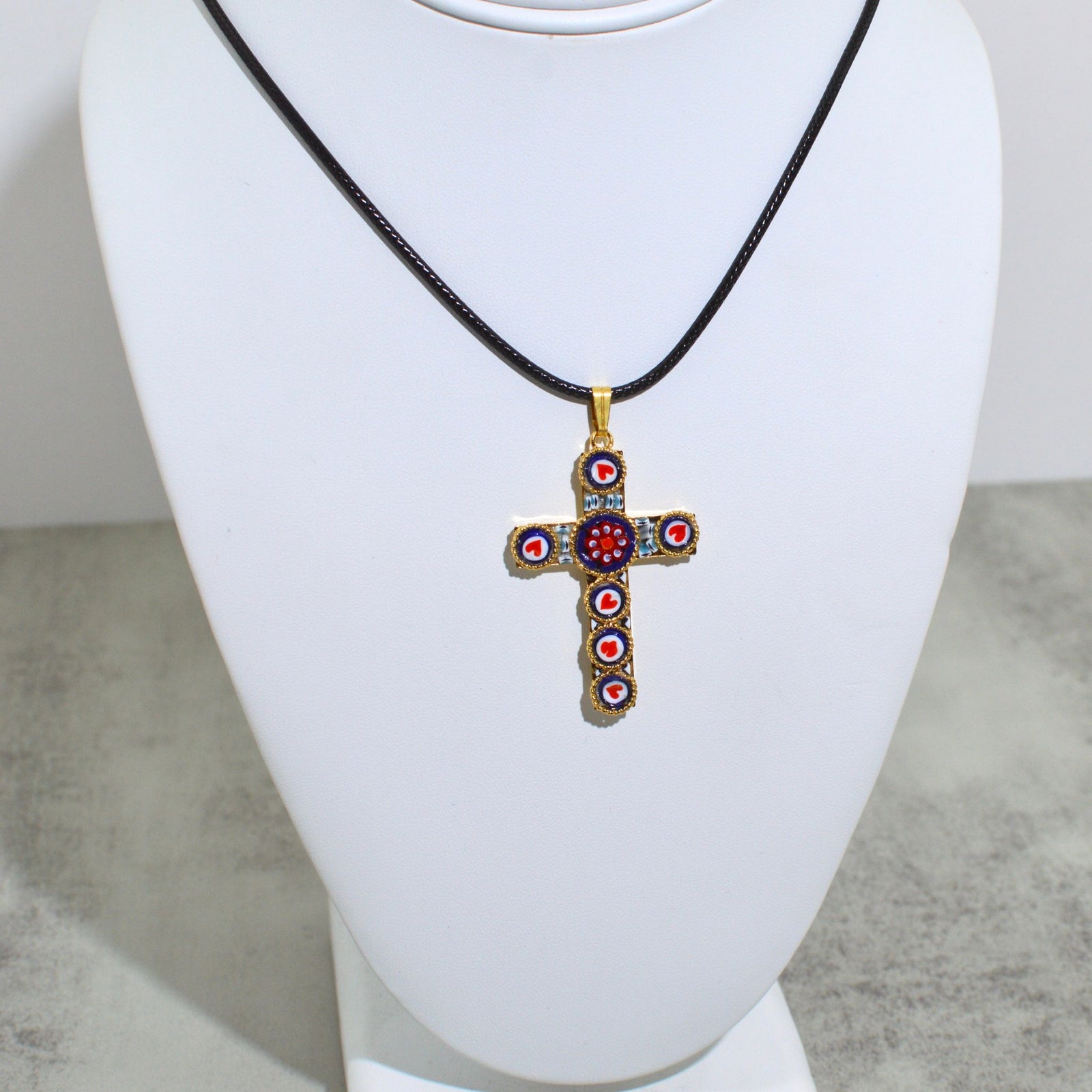 Small Florentine Mosaic Cross Pendant Necklace made in Italy with intricate mosaic design, hanging on a delicate chain.