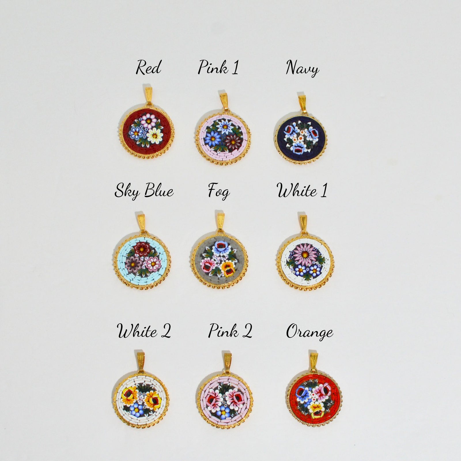 Handcrafted Florentine mosaic round pendant by My Italian Decor, showcasing intricate Italian mosaic art on a decorative charm.