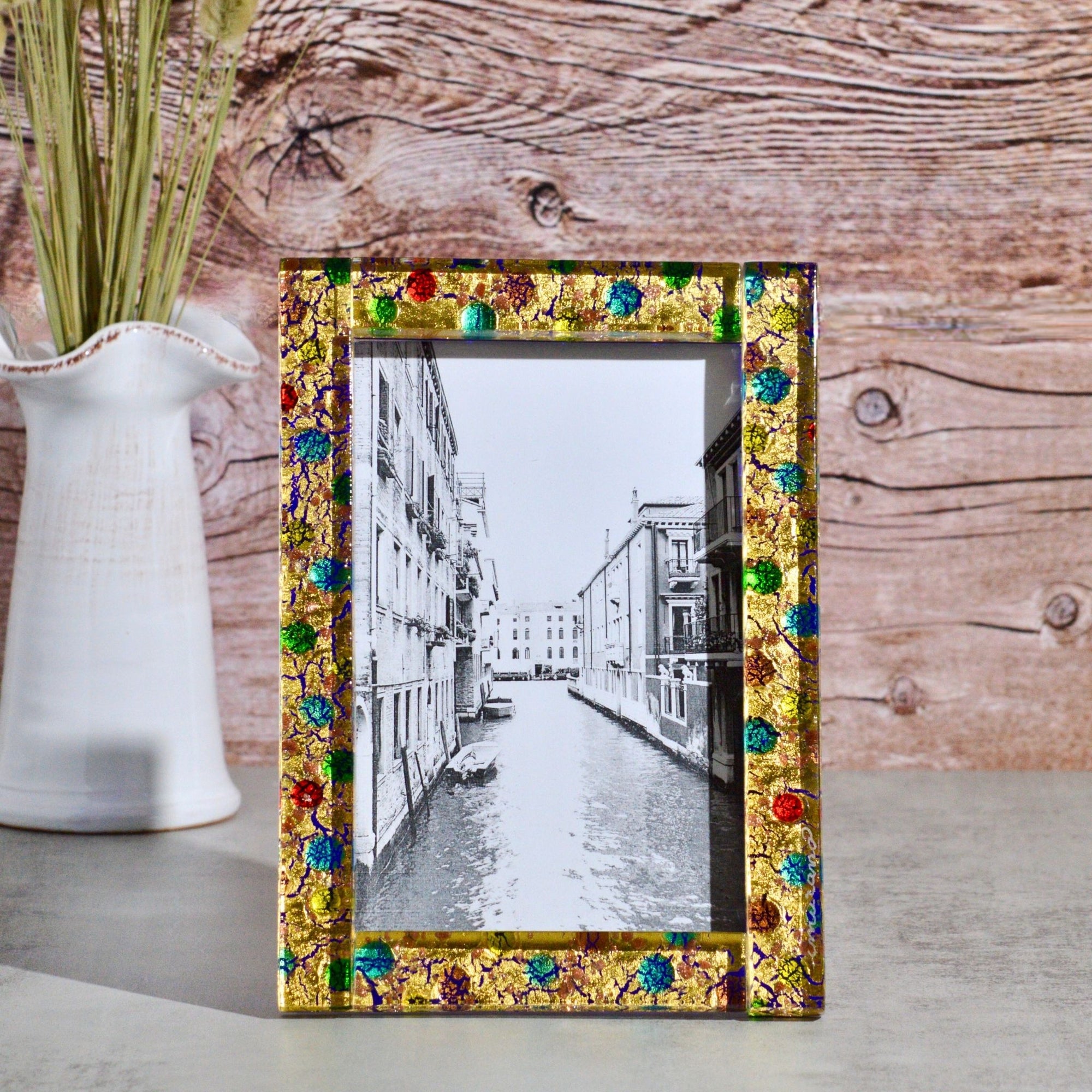 Gold & multi dots Murano Glass 5" x 7" Photo Frame, Made in Italy - My Italian Decor