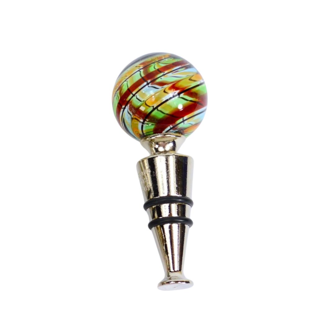 Assorted Murano glass wine stoppers from Italy with colorful, handcrafted designs, perfect for sealing wine bottles.